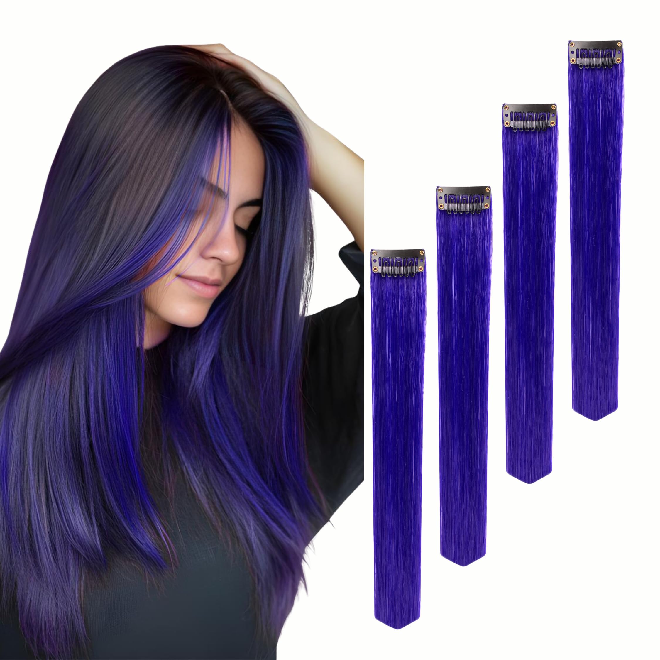 Paradise® Blue Hair Extensions 22 Inches - 4 Pack Clip-in Straight Synthetic Hair for Women & Girls - Funky Colored Hair Streaks for Parties, Cosplay & Halloween Costumes
