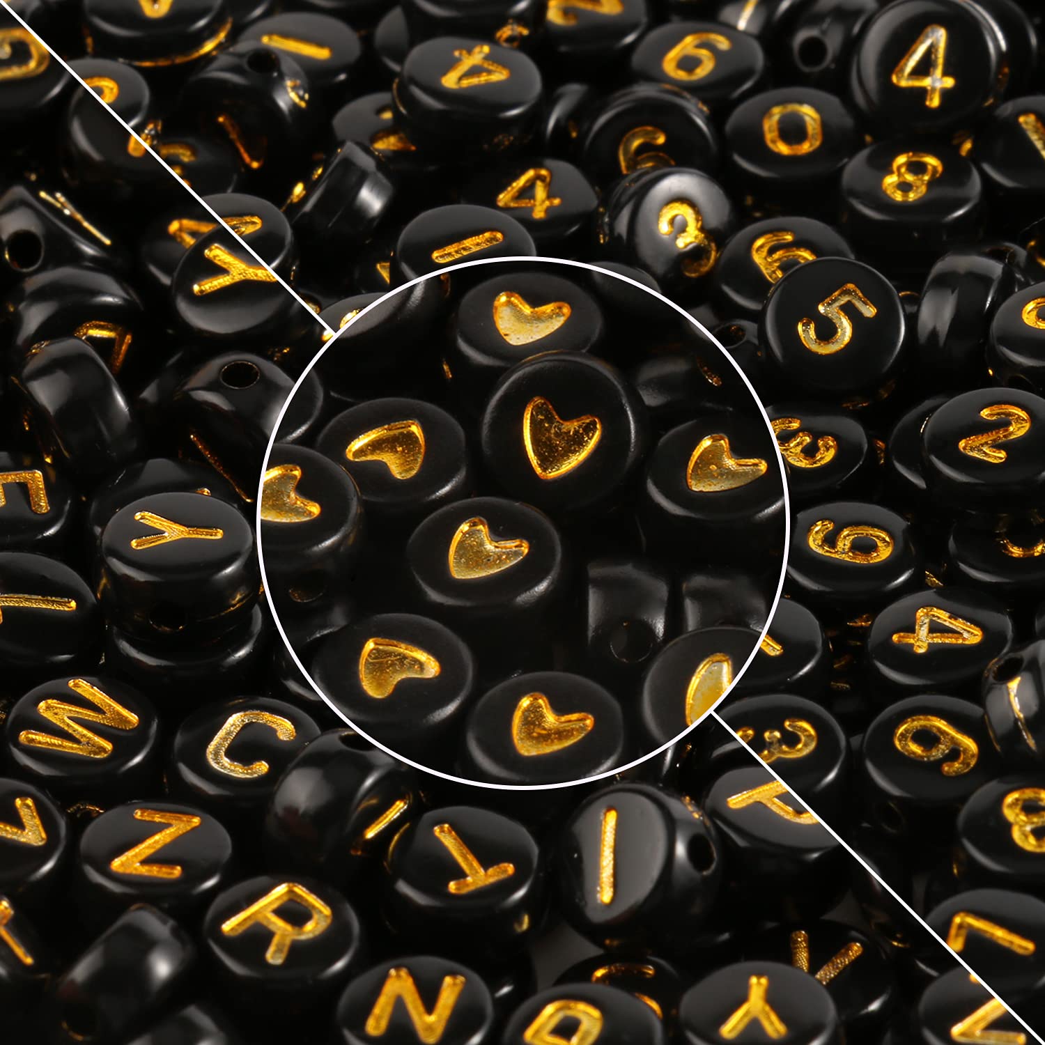 Yochus 1000pcs Black Mixed Round Acrylic Beads 4x7mm with Gold Alphabet & Number Beads, Heart Shape Beads for Jewelry Making, DIY Bracelets, Necklaces - Perfect for Crafting, Gifts, and Personalized Accessories