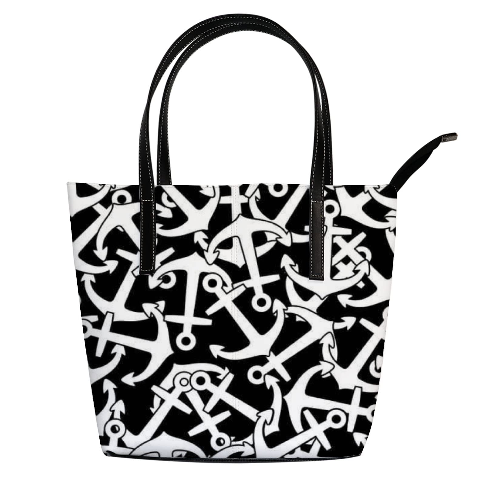 Stylish Black and White Nautical Anchor Tote Bag for Women - Leather Crossbody Handbag with Zipper - Perfect for Work, Travel & Everyday Use