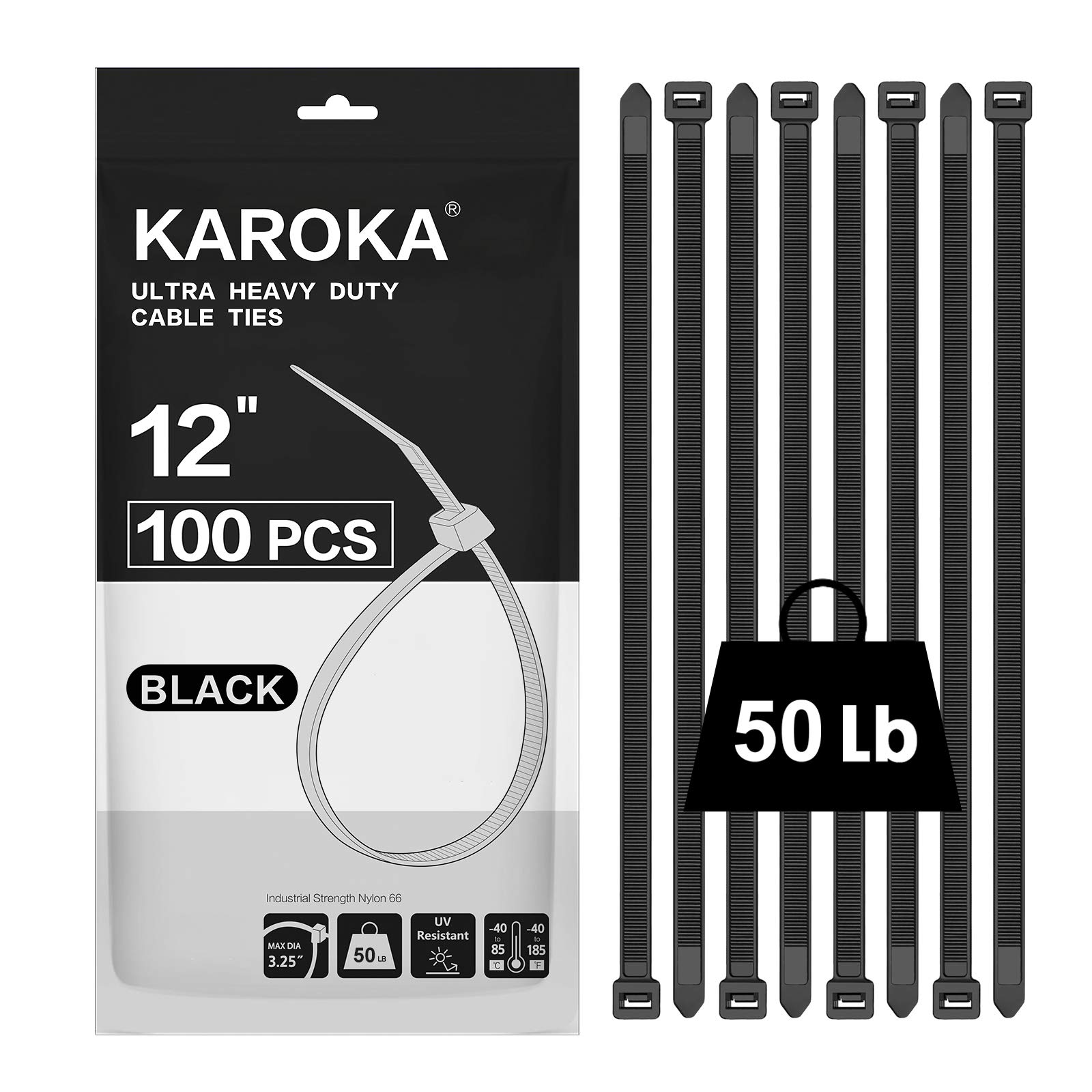 Karoka 12-Inch Black Zip Ties (100 Pack) - Heavy Duty 50 lb UV Resistant Cable Ties for Indoor & Outdoor Use - Perfect for Organizing Wires, Securing Plants & DIY Projects