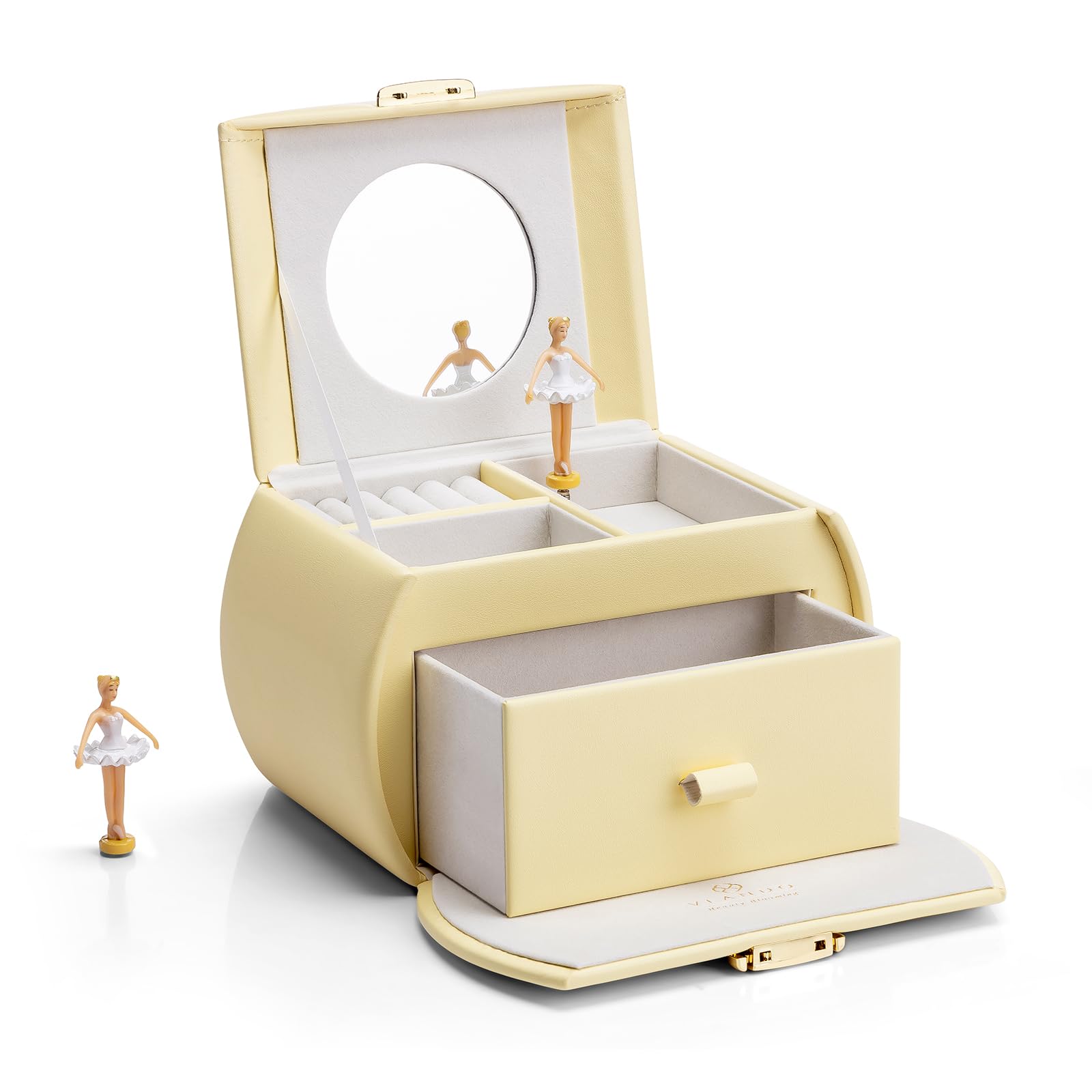 Vlando Elegant Ballerina Music Jewelry Box Organizer - Leather Storage Case for Necklaces, Rings & Hair Accessories - Perfect Gift for Girls & Kids (Cream Yellow) - Ideal for Bedroom Dresser, Travel & Birthday Presents