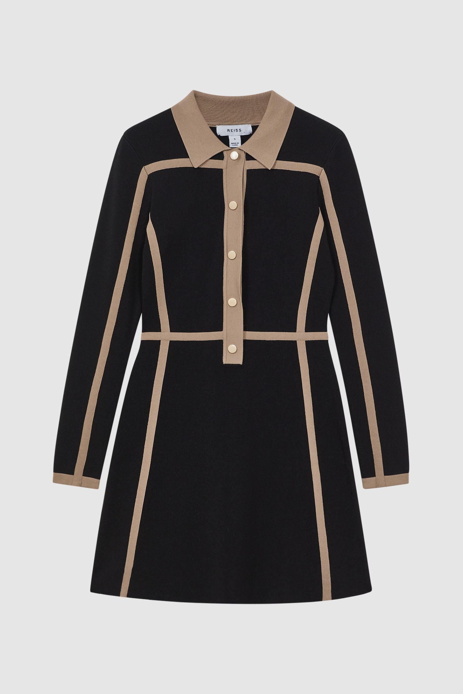 Black & Camel Contrast Trim Press Stud Mini Dress - Stylish & Flattering for Night Out, Party, or Date Night