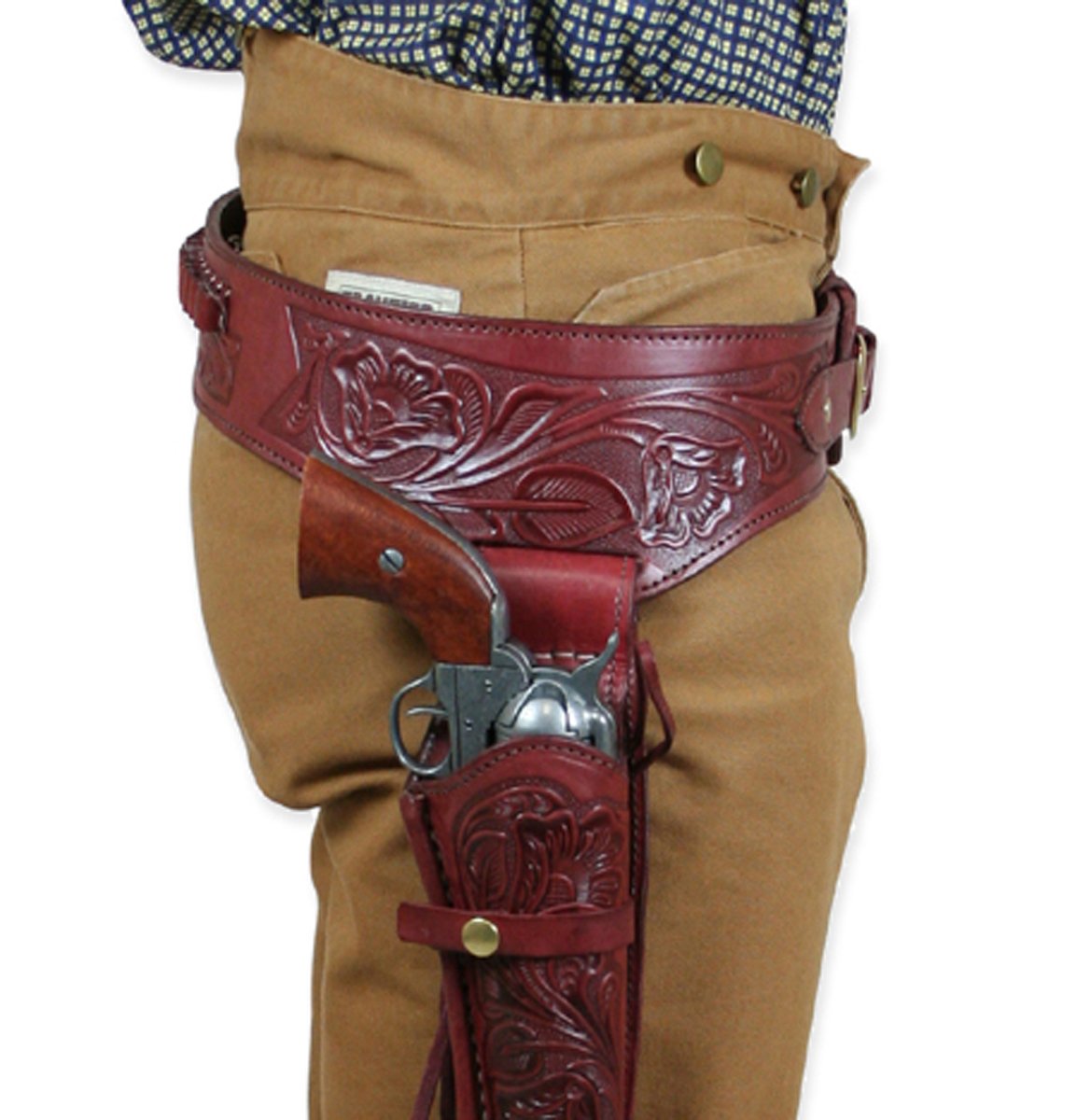Vintage Right Hand Tooled Leather Western Gun Belt & Holster for .38/.357 Cal - Perfect for Cowboy Action Shooting, Reenactments & Western Style Outfits