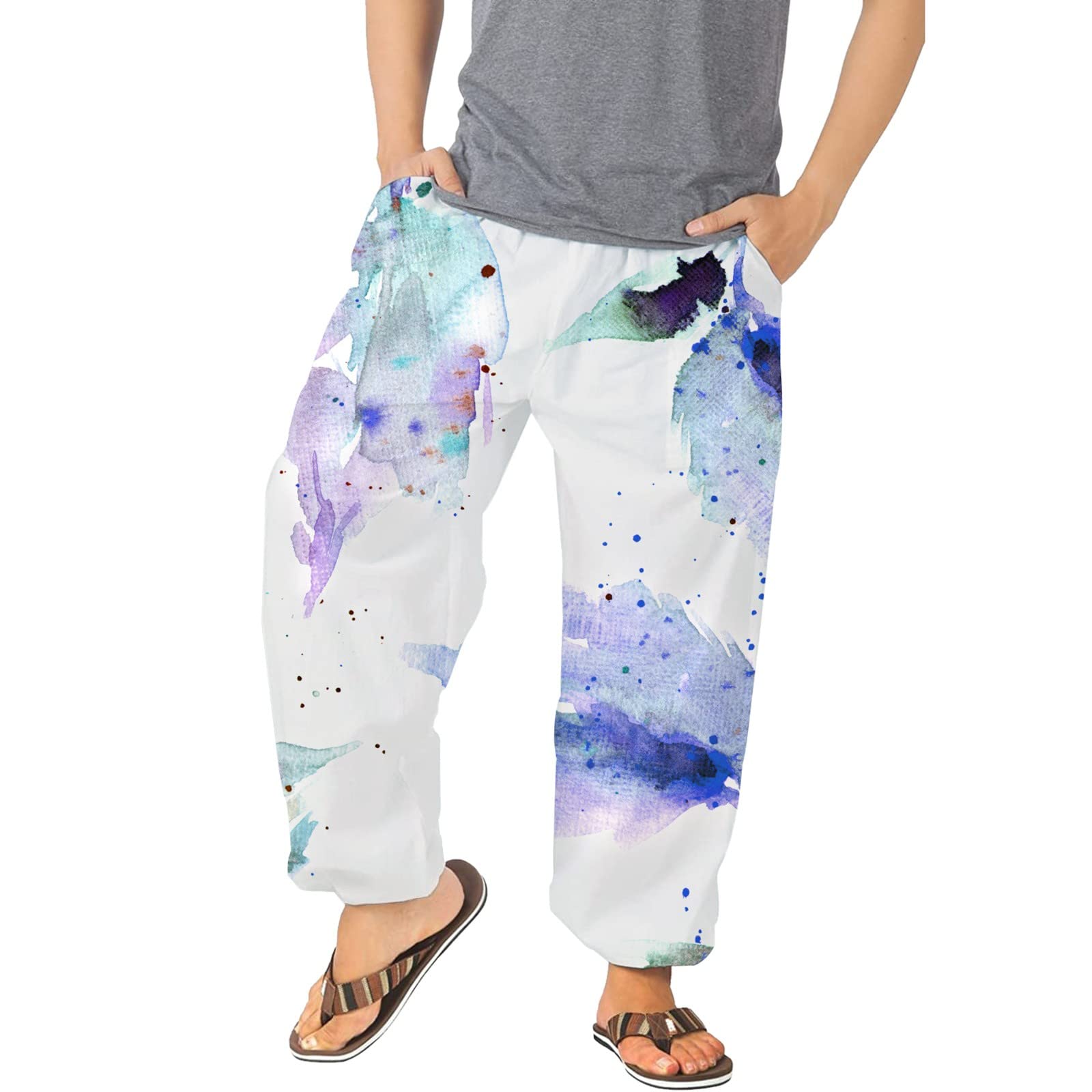 ZDDO Men's Beach Pants - Elastic Waist Wide Leg Hippie Hawaiian Vacation Loose Fit Joggers | Casual Summer Pants for Beach, Yoga, Travel & Lounge Wear