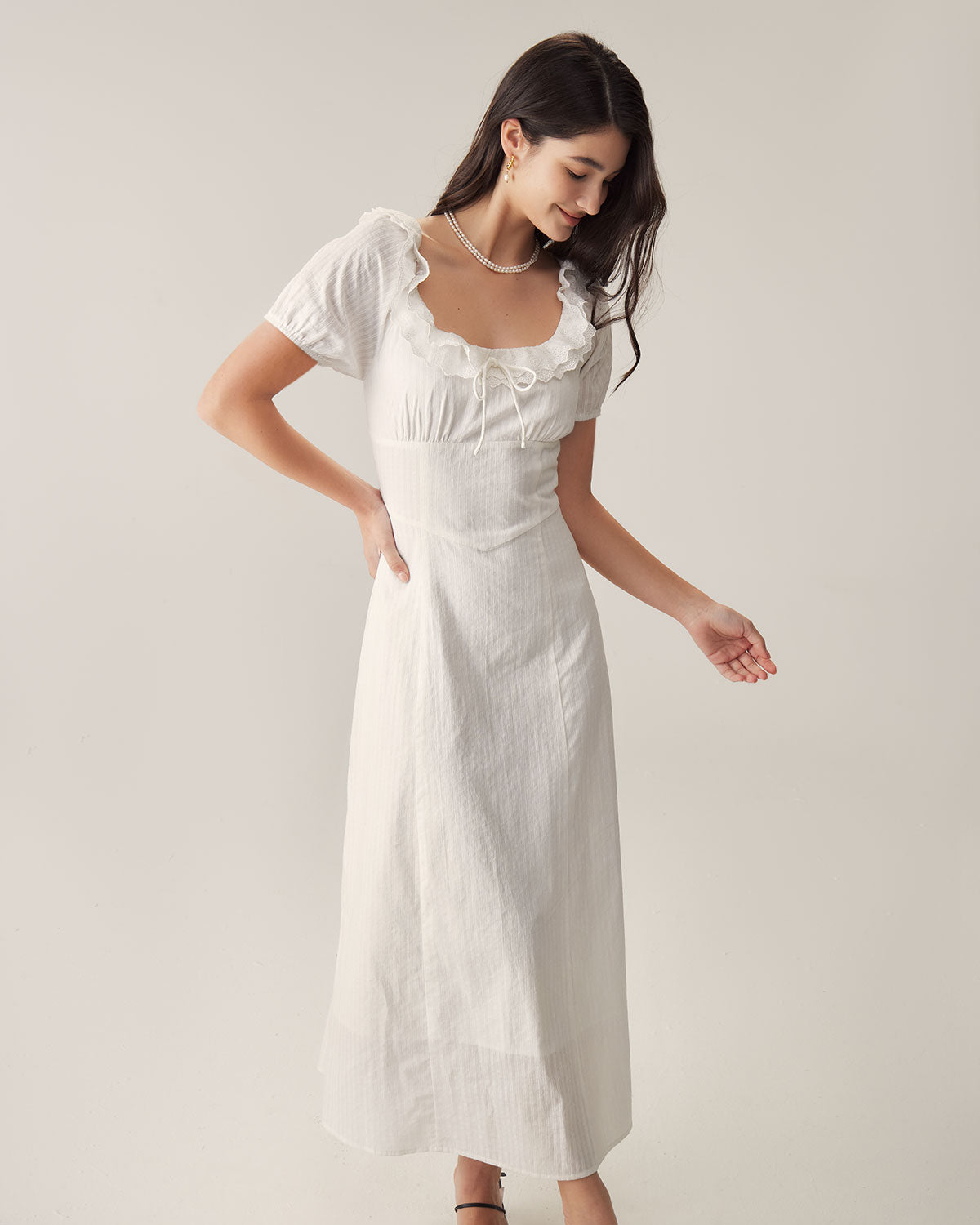 Elegant White Embroidery Puffed Sleeve Maxi Dress for Women - Summer Boho Beach Wedding Party Dress