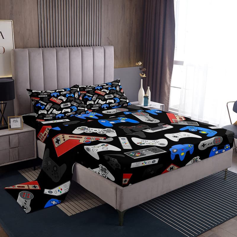 Boys Gaming Bed Sheets Set - Queen Size Soft & Cozy Video Game Themed Bedding for Kids & Teens | Includes Fitted Sheet, Flat Sheet & Pillowcase | Perfect for Gamer Bedroom Decor & Game Room | Easy Wash & Durable