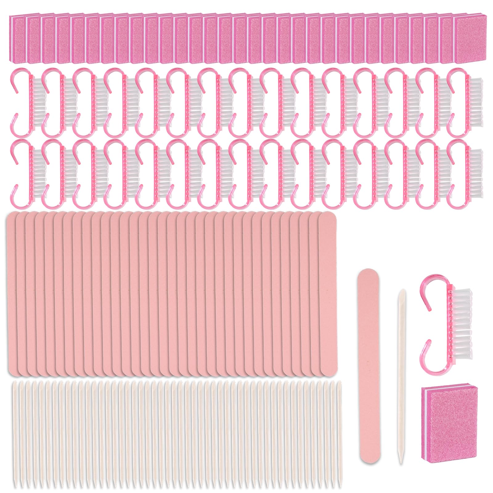 Professional Disposable Manicure Kit - 50-Piece Press On Nail Tool Set with Mini Buffer, Nail Files, Wooden Cuticle Pusher & Brush for Salon & Home Use | Perfect for DIY Nail Care, Travel & Professional Manicures (Pink)