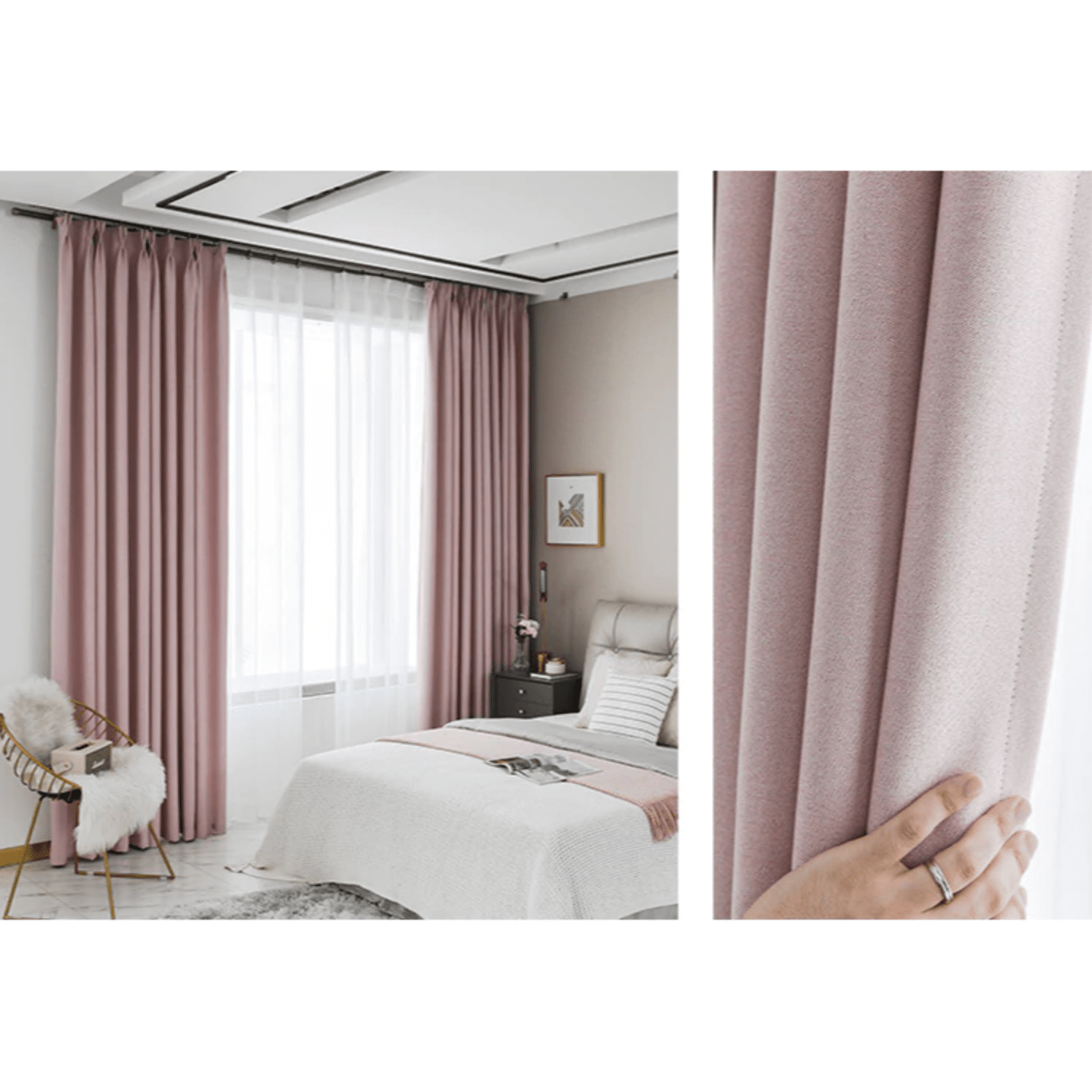 Rémy Blackout Double-Sided Plain Linen Thermal Insulated Curtains - Blush Pink | Energy Efficient Window Treatment for Bedroom & Living Room