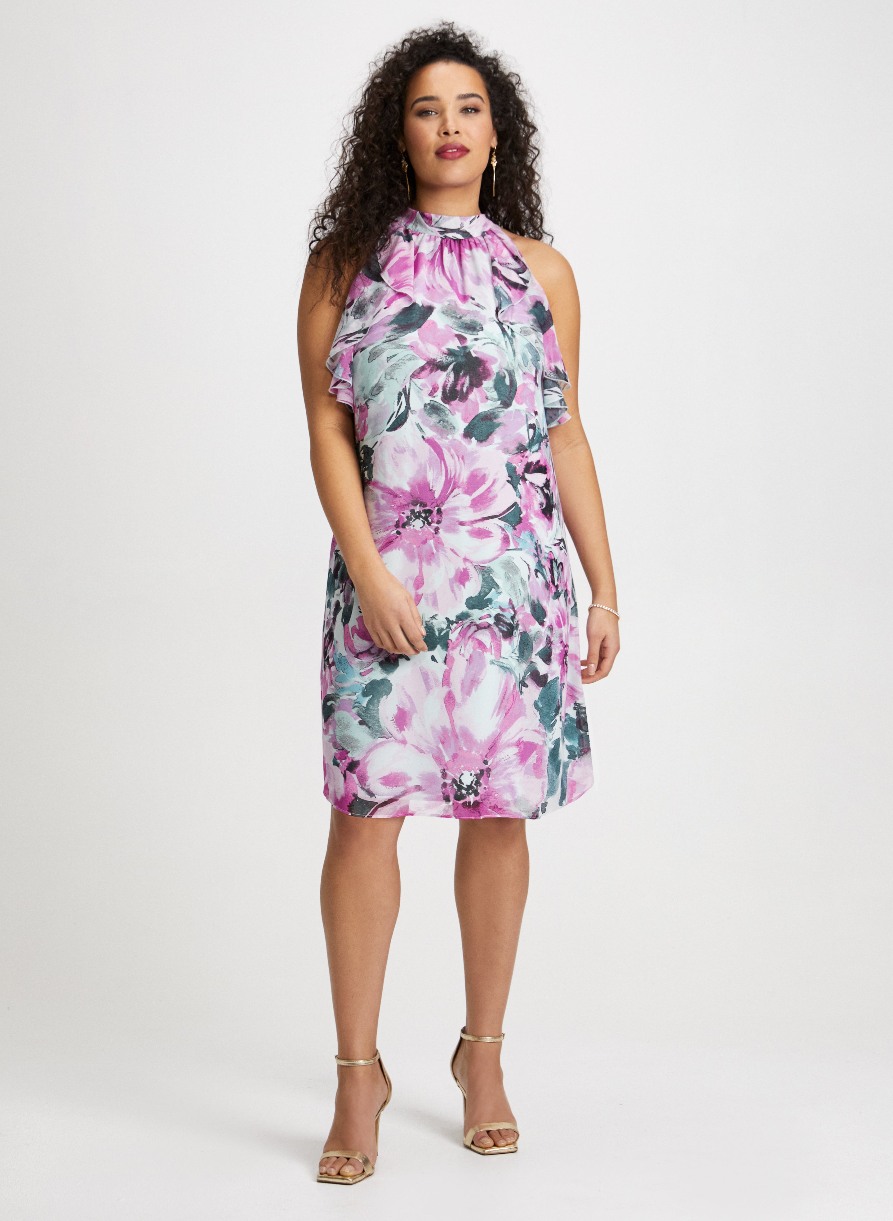 Elegant Floral Mock Neck Dress & Cluster Detail Earrings Set - Perfect for Wedding, Party & Special Occasions