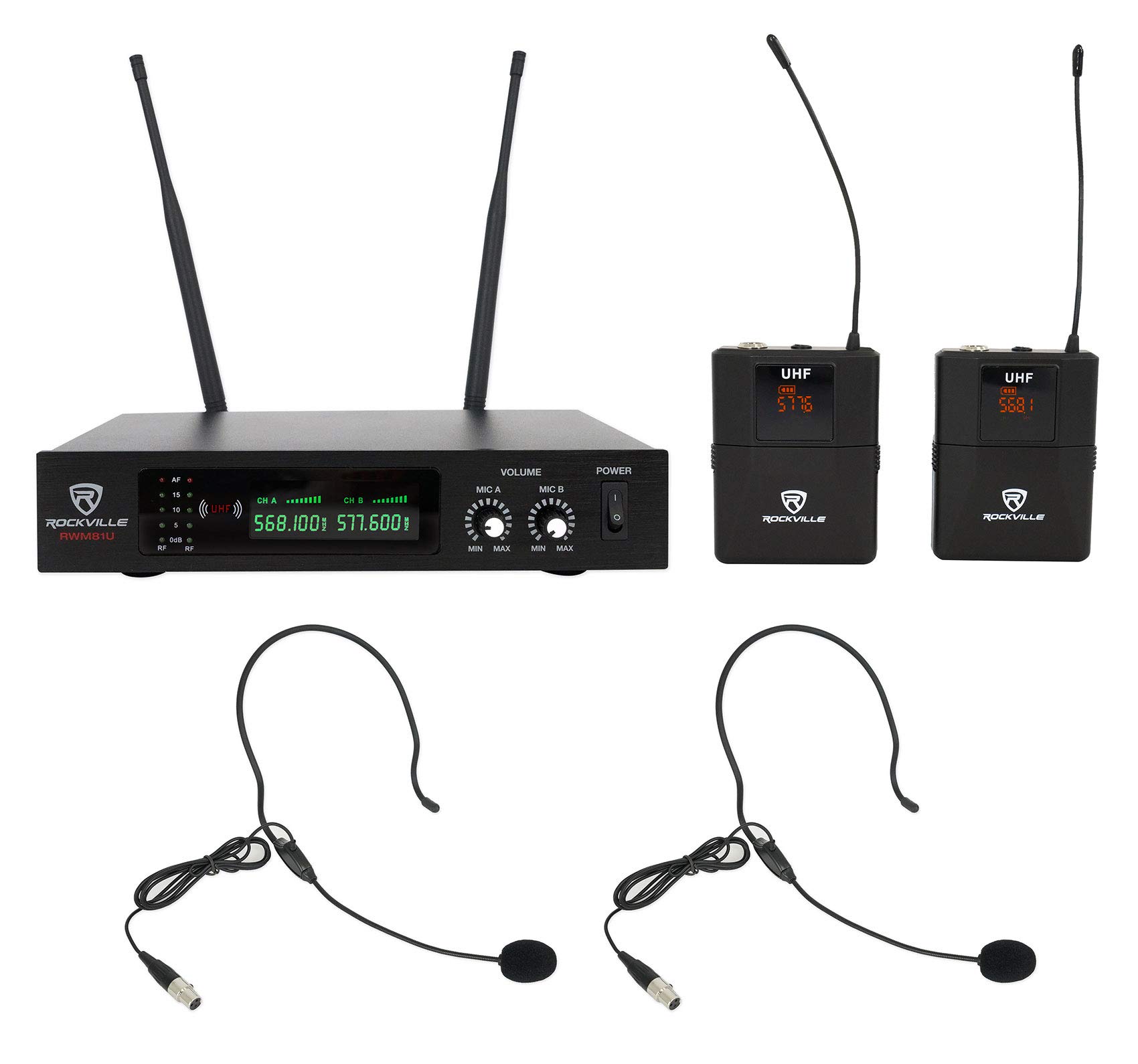 Rockville RWM81U Professional Dual UHF Wireless Headset & Guitar Microphone System with LCD Display - Ideal for Live Performances, Karaoke, and Stage Shows