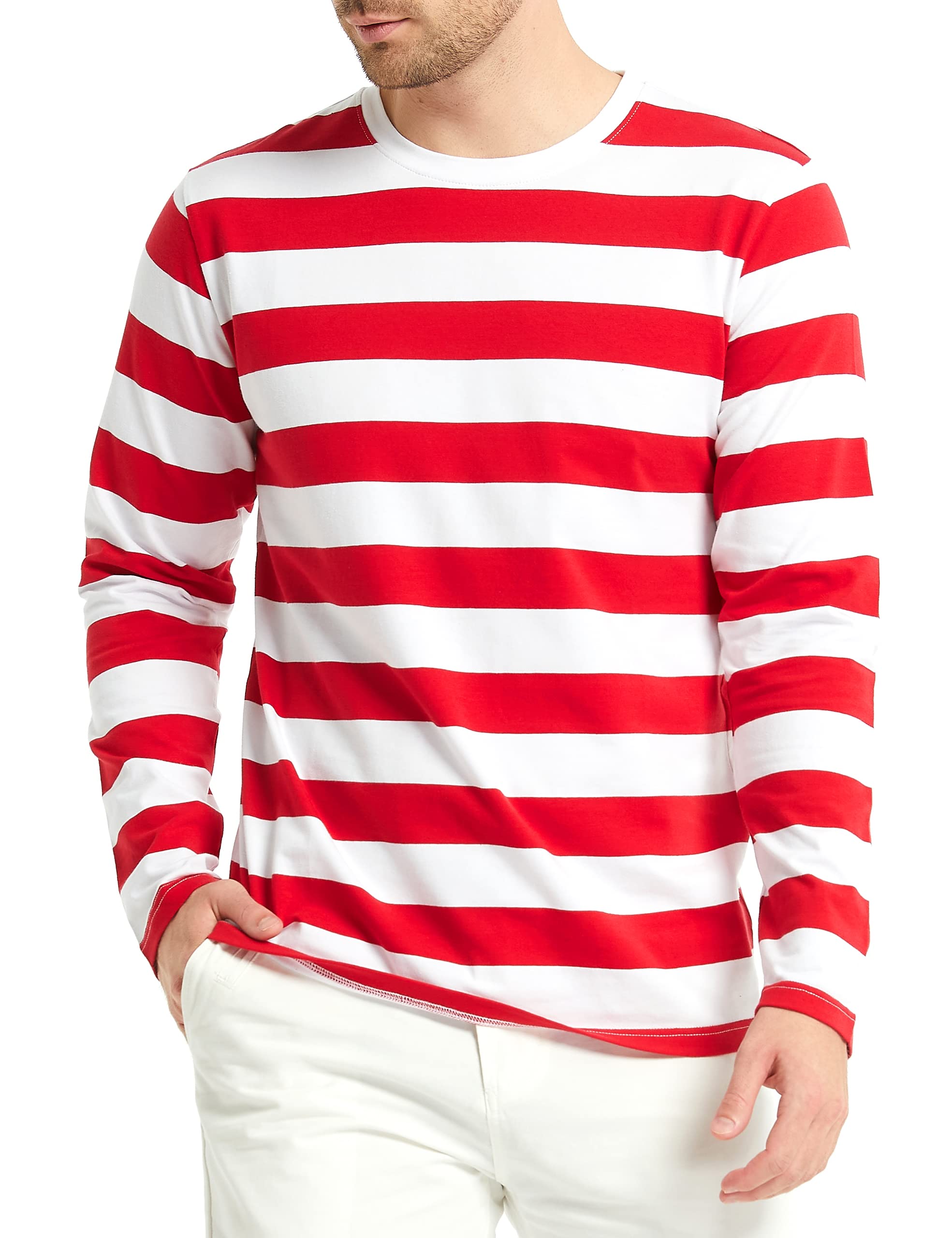 SSLR Men's Striped Cotton Crewneck Long Sleeve T-Shirt - Casual Comfort Fit for Everyday Wear & Layering