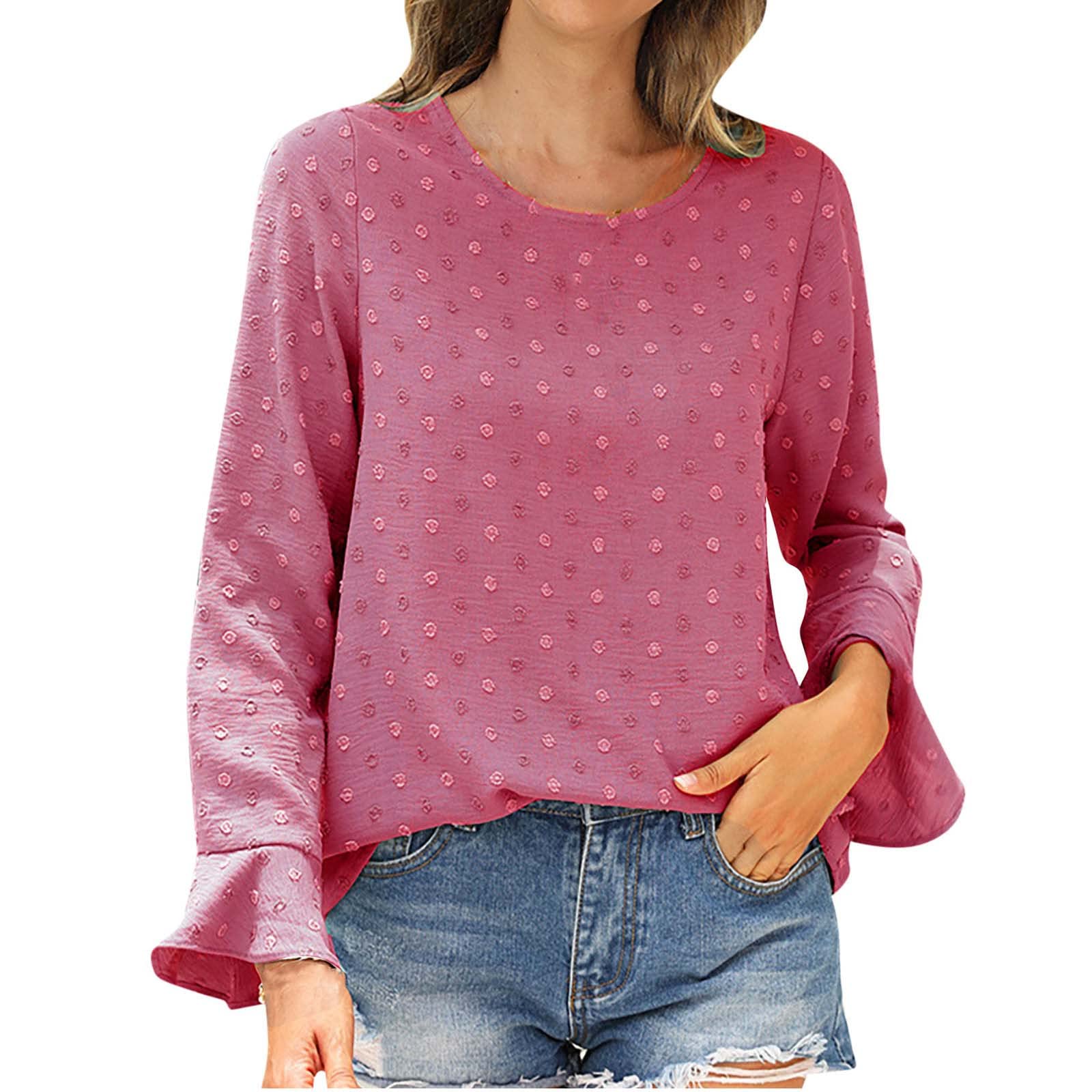 Women's Long Flared Sleeve Polka Dot Print Crew Neck T-Shirt - Casual Cotton Linen Pullover Blouse Tunic Top for Work, Date Night & Spring Outfits