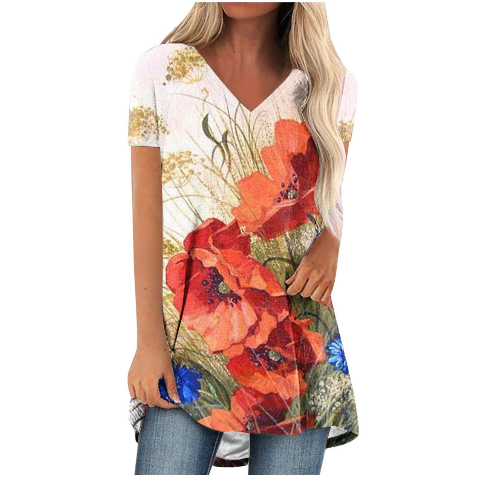 Women's Summer Floral Graphic T-Shirt - Casual V-Neck Loose Fit Short Sleeve Blouse | Perfect for Beach Outings, Weekend Brunch & Summer Vacations