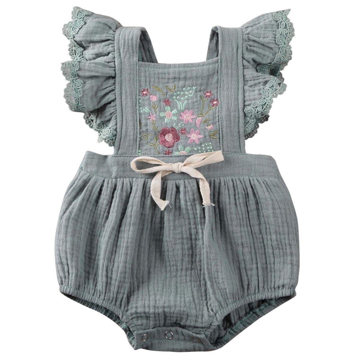 Newborn Baby Girl Ruffled Sleeveless Romper - Linen Floral Embroidery Jumpsuit | Soft Cotton Bodysuit for Infants 0-24 Months | Perfect for Summer, Photo Shoots & Special Occasions