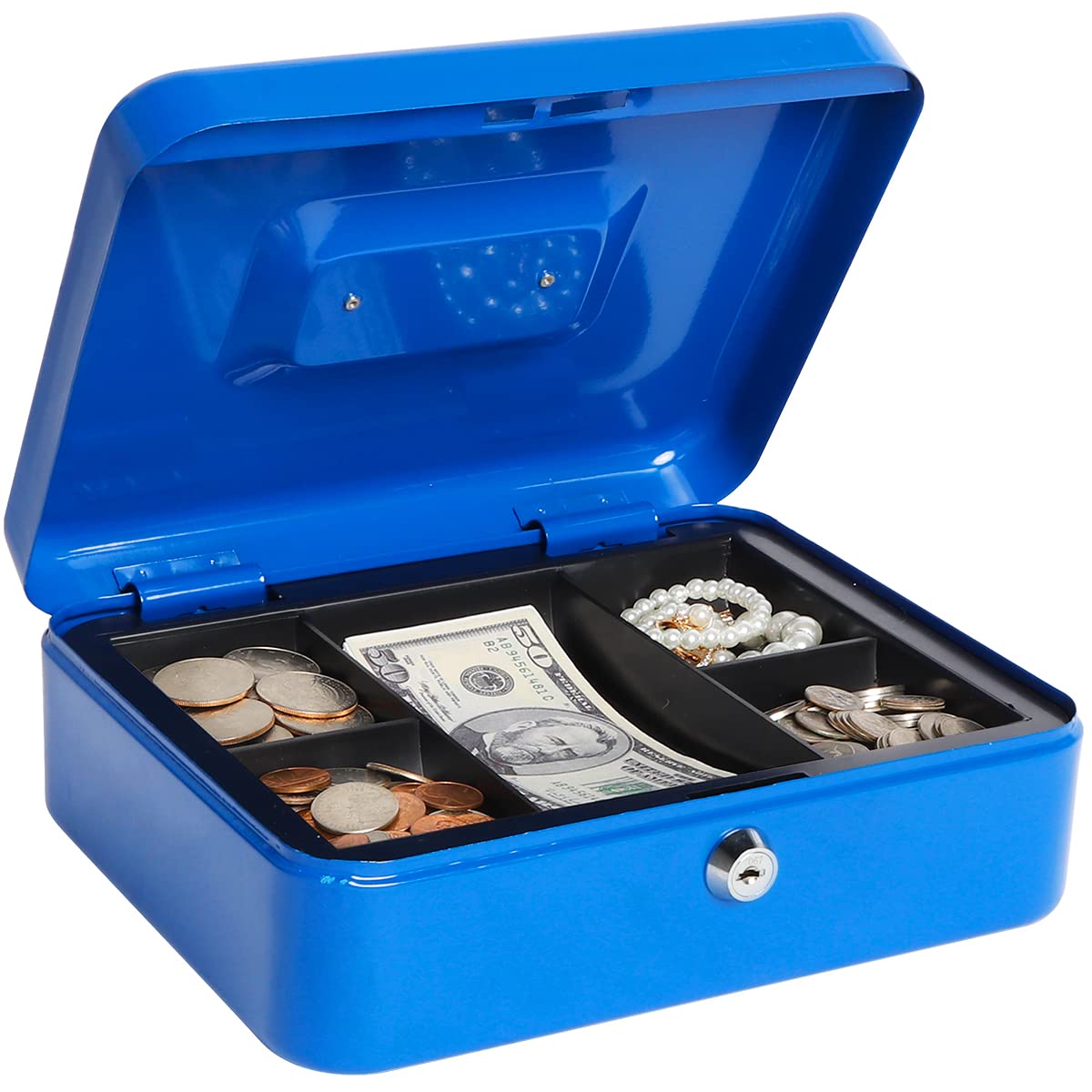 Lovndi Metal Cash Box with Money Tray & Lock - 9.84 x 7.87 x 3.54 Inches Blue Lockbox for Small Business, Home Office, Retail Store & Event Money Security