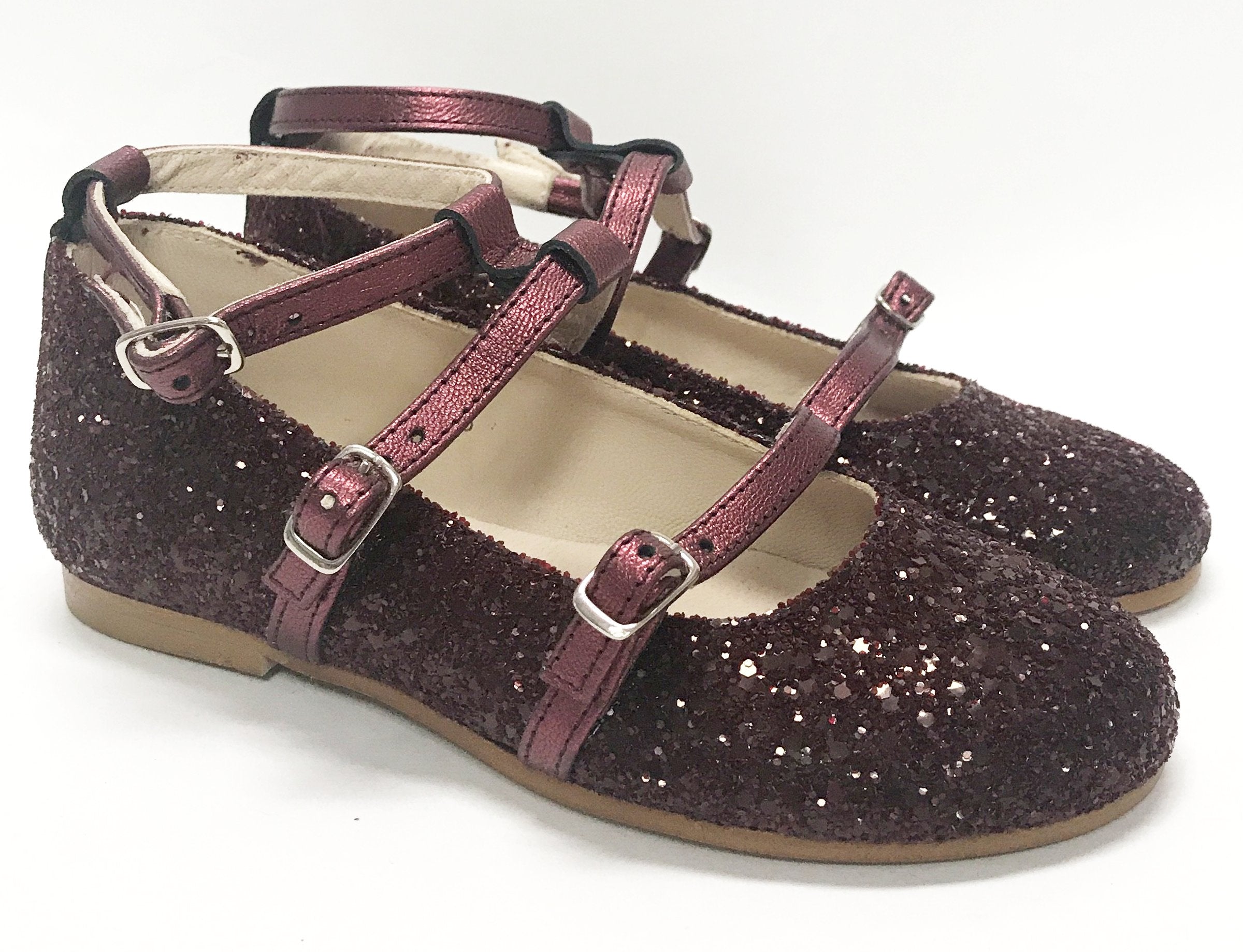 Sonatina Burgundy Glitter Double Strap Mary Jane Shoes for Girls - Elegant Dress Shoes for Weddings, Parties & Special Occasions