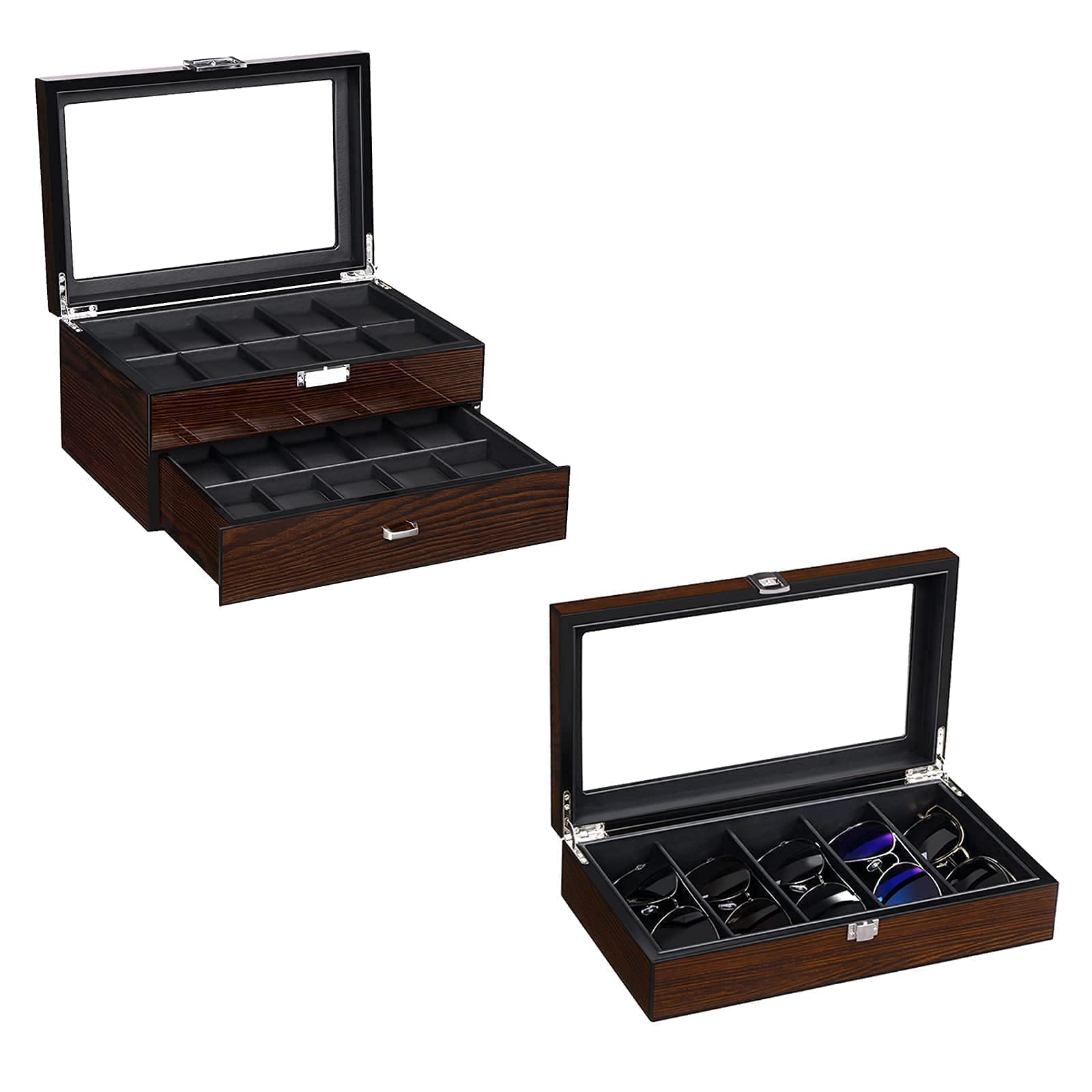BEWISHOME 20 Slot Luxury Watch Box for Men & Women - Premium Sunglasses Organizer Case with 5 Slots - Perfect for Travel, Home Storage & Gift Giving