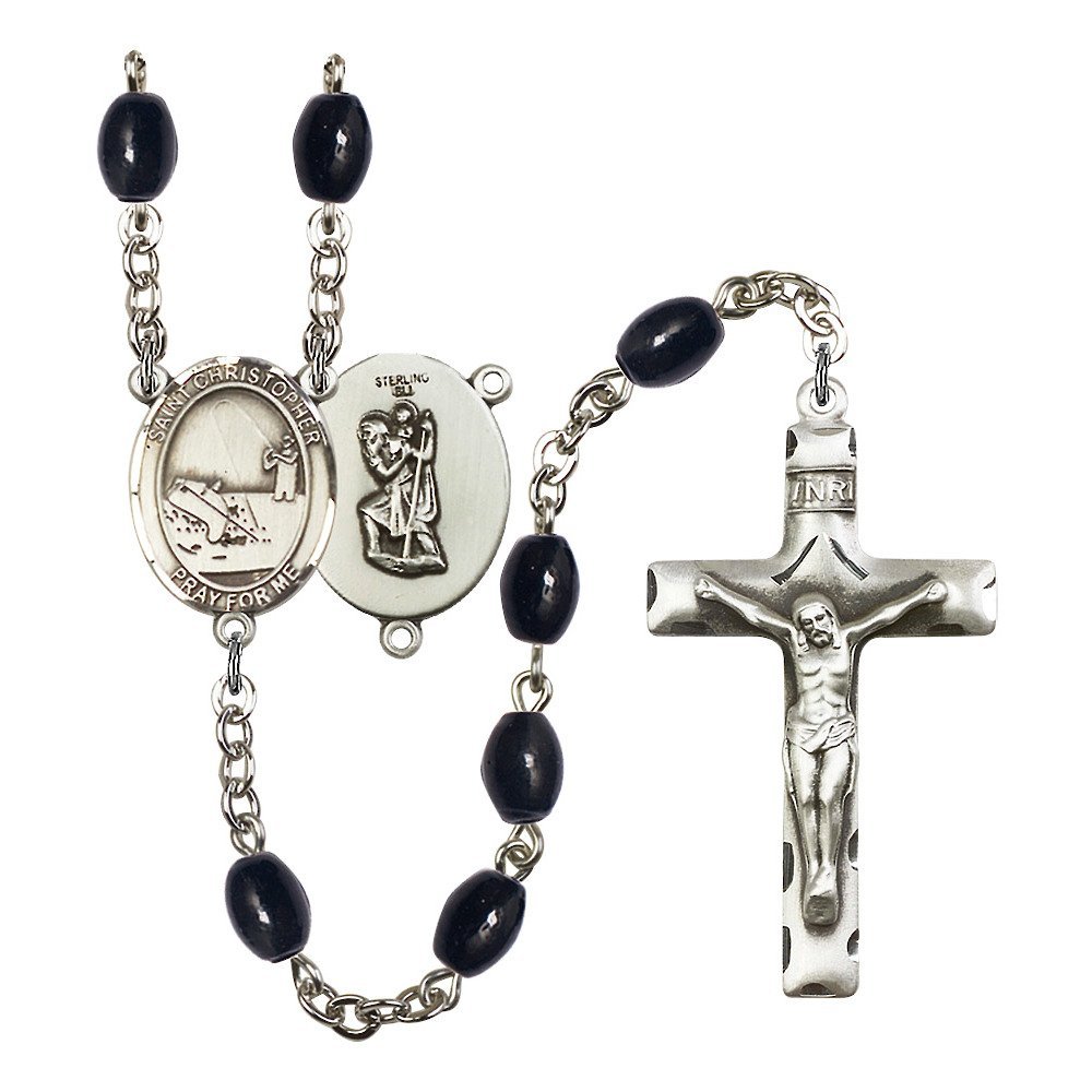 Bonyak Jewelry St. Christopher Fishing Silver-Plated Rosary Necklace - Birthstone Colors for All Months | Religious Gift for Fishermen & Travelers