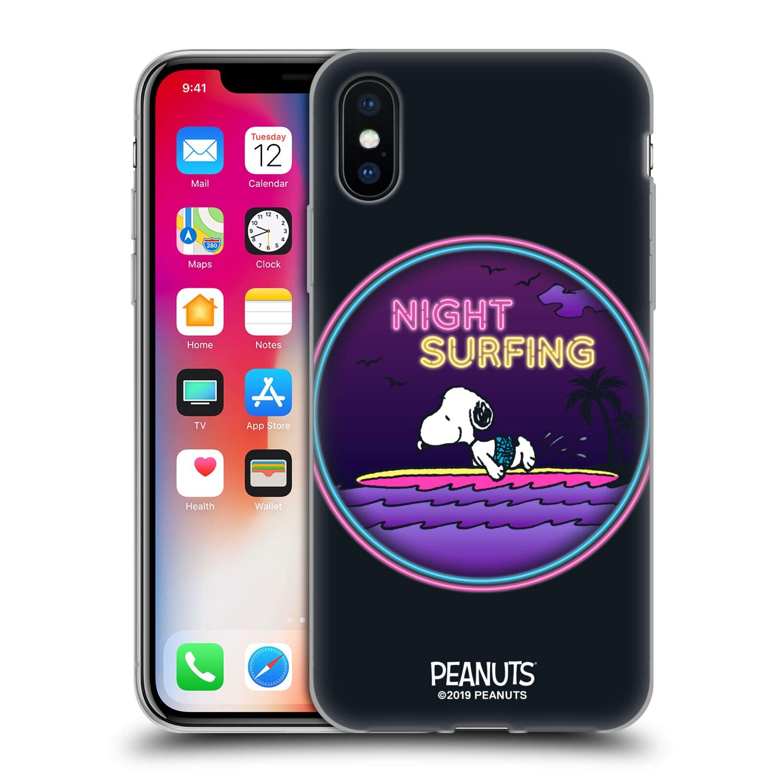 Officially Licensed Peanuts Night Surfer Snoopy Aloha Disco Soft Gel Case for iPhone X/Xs - Cute Cartoon Phone Cover with Hawaiian Surf Theme - Perfect for Beach Vacations & Summer Adventures