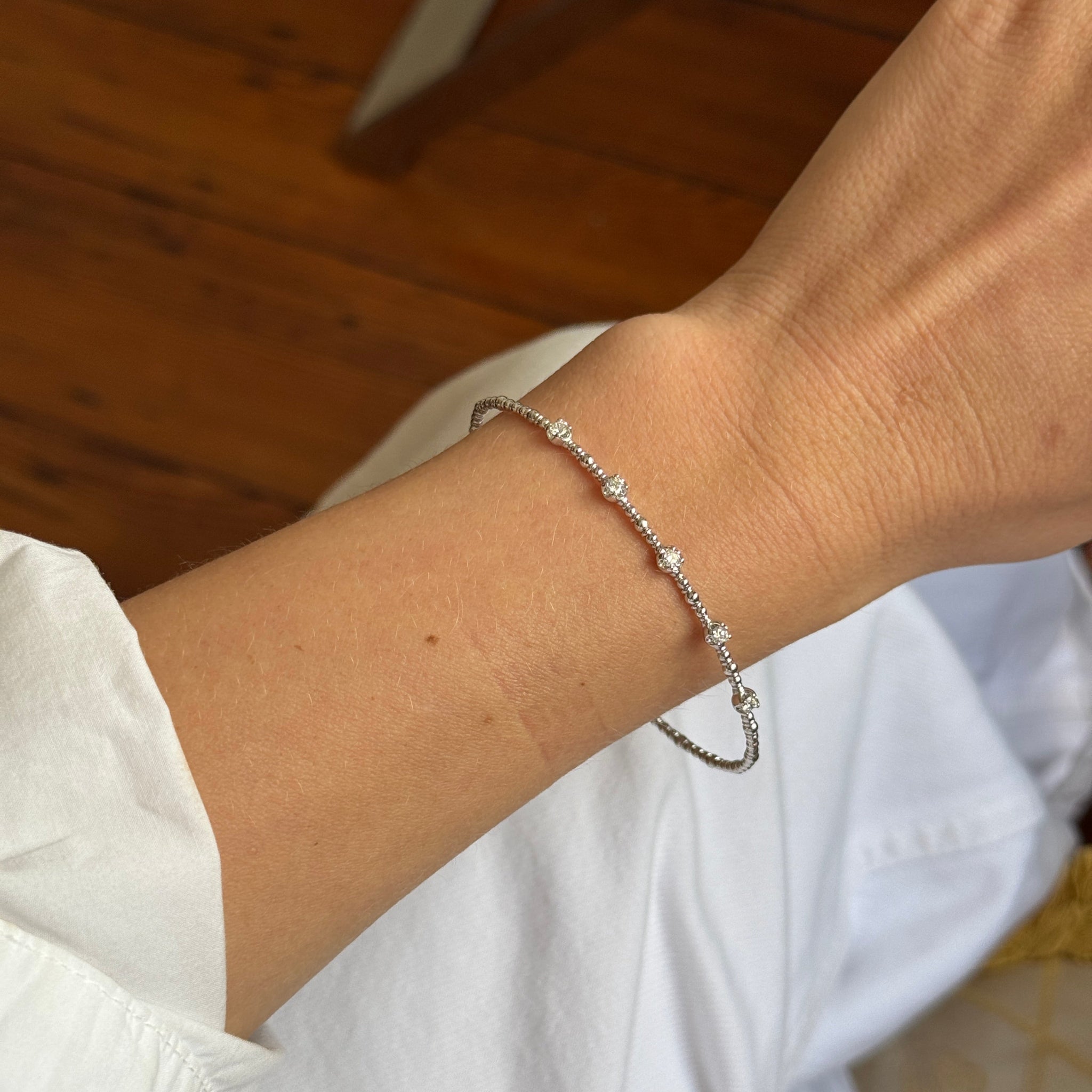 14K White Gold Diamond Beaded Flexible Bangle Bracelet for Women - Elegant Stackable Jewelry for Parties, Weddings & Everyday Wear