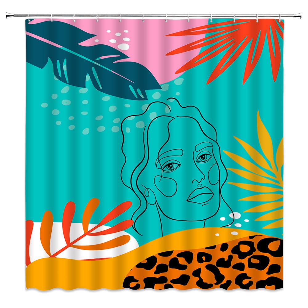 Mid Century Modern Abstract Face Tropical Palm Leaf Shower Curtain - Terracotta Minimalist Aesthetic with Monstera Leaves & Geometric Boho Art - Waterproof Polyester Fabric Bathroom Decor with Hooks - Perfect for Boho Chic, Tropical, and Minimalist Bathroom Styles