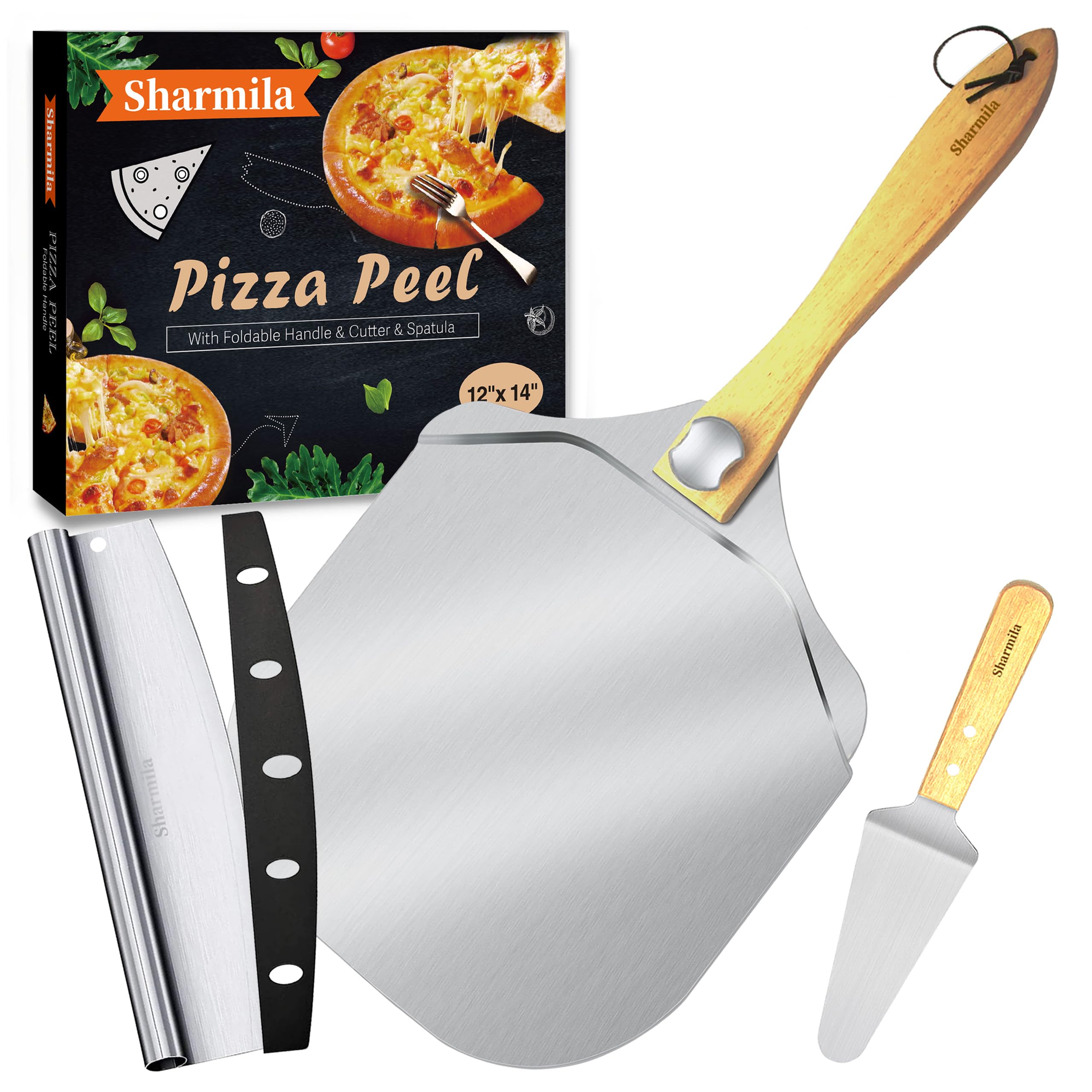 12 Inch Aluminum Pizza Peel with Foldable Wooden Handle - Pizza Paddle, Rocker Cutter & Metal Spatula Set - Perfect for Home Baking, Wood Fired Ovens, Dough, Bread & Pastry Making - Ideal for Family Pizza Nights & Restaurant Use