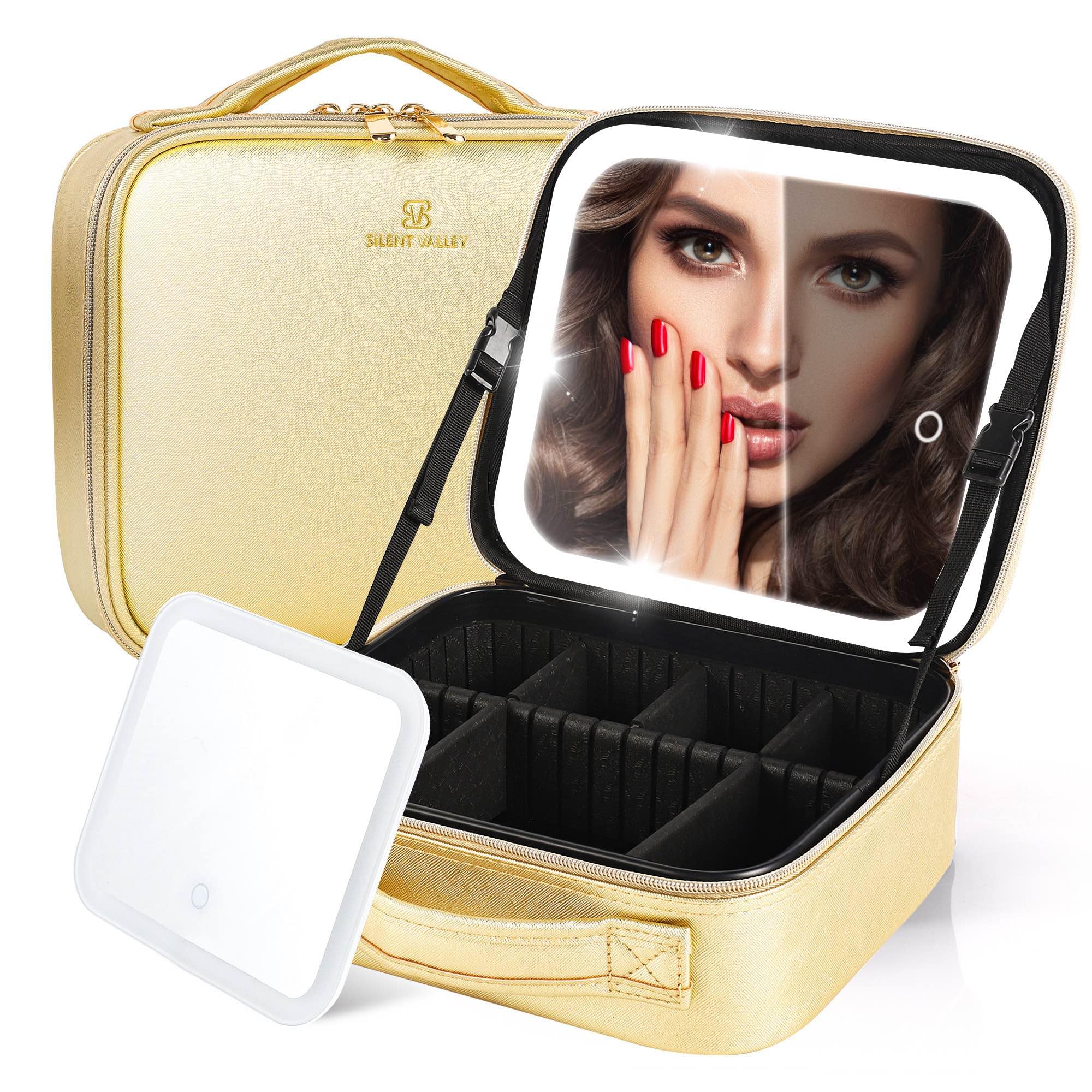 Silent Valley Professional Makeup Train Case with LED Light-Up Mirror - Portable Cosmetic Organizer for Travel, Adjustable Dividers, Waterproof Gold Makeup Brush Storage - Perfect for Makeup Artists & Travelers