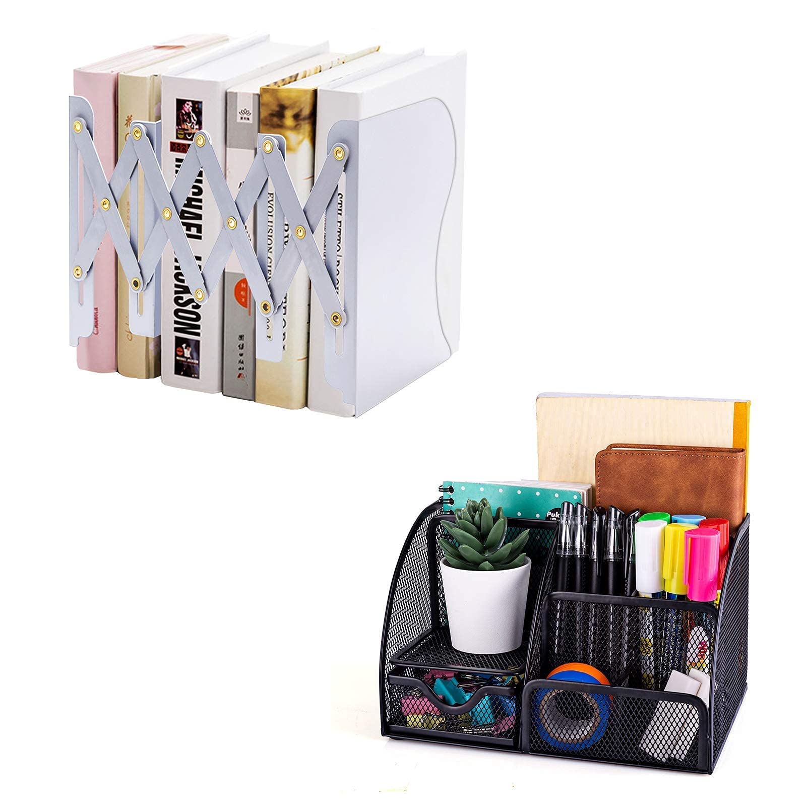MDHAND Office Desk Organizer Set with Adjustable Bookends & Expandable Magazine Holder - Perfect for Home Office, Study Room, and Workspace Organization