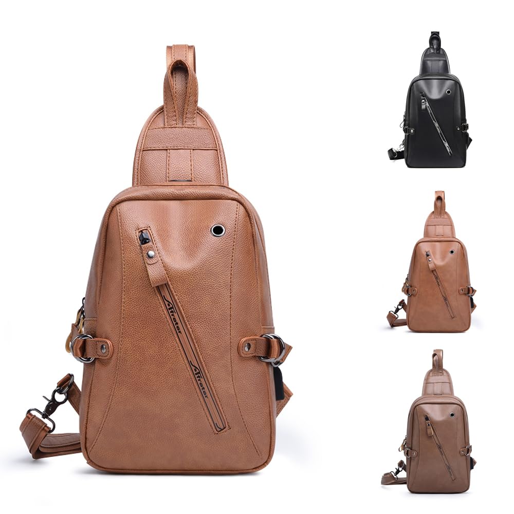 Faux Leather Crossbody Sling Backpack for Men & Women - USB Charger Port, Lightweight Chest Bag for Hiking, Cycling, Travel & Daily Use | Perfect for Commuting, Outdoor Adventures & Work
