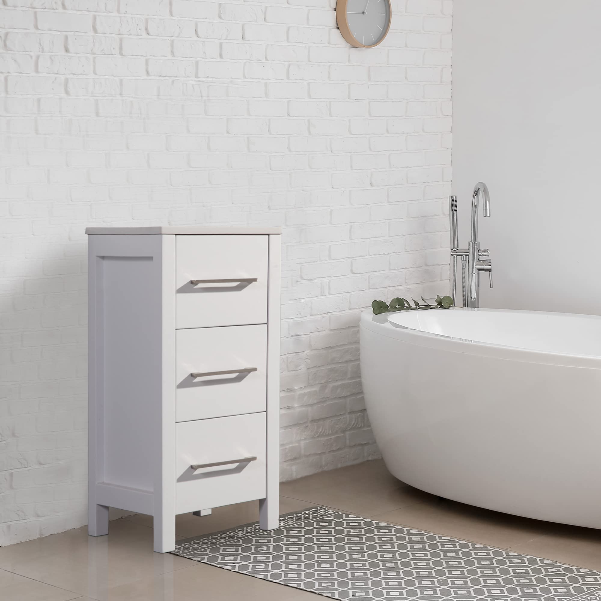 Vanity Art 12 Inch Bathroom Cabinet with 3 Dove-Tailed Drawers & Ceramic Top - Freestanding Storage Organizer for Bathroom, Bedroom, Entryway - White - Perfect for Small Spaces, Makeup Storage & Nightstand Use