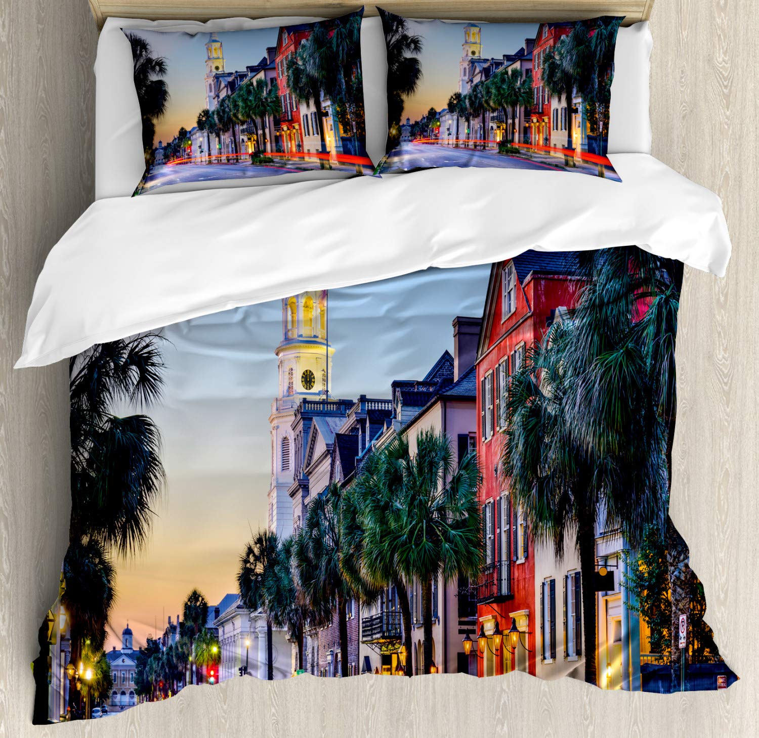 Ambesonne Charleston King Size Duvet Cover Set - 3 Piece Bedding with 2 Pillow Shams | Historic French Quarter Cityscape Sunset Design | Southern USA Tourist Attraction | Perfect for Guest Rooms, Vacation Homes & Southern-Themed Bedrooms
