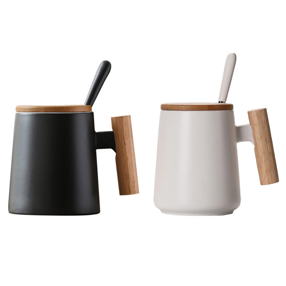 Hemoton Ceramic Coffee Travel Mug Set - 2 Pack Insulated Couple Mugs with Wooden Handle & Lid, Porcelain Spoon - Perfect for Coffee, Tea, Milk - Ideal Engagement, Anniversary & Birthday Gifts - Portable for Office, Camping & Travel Use