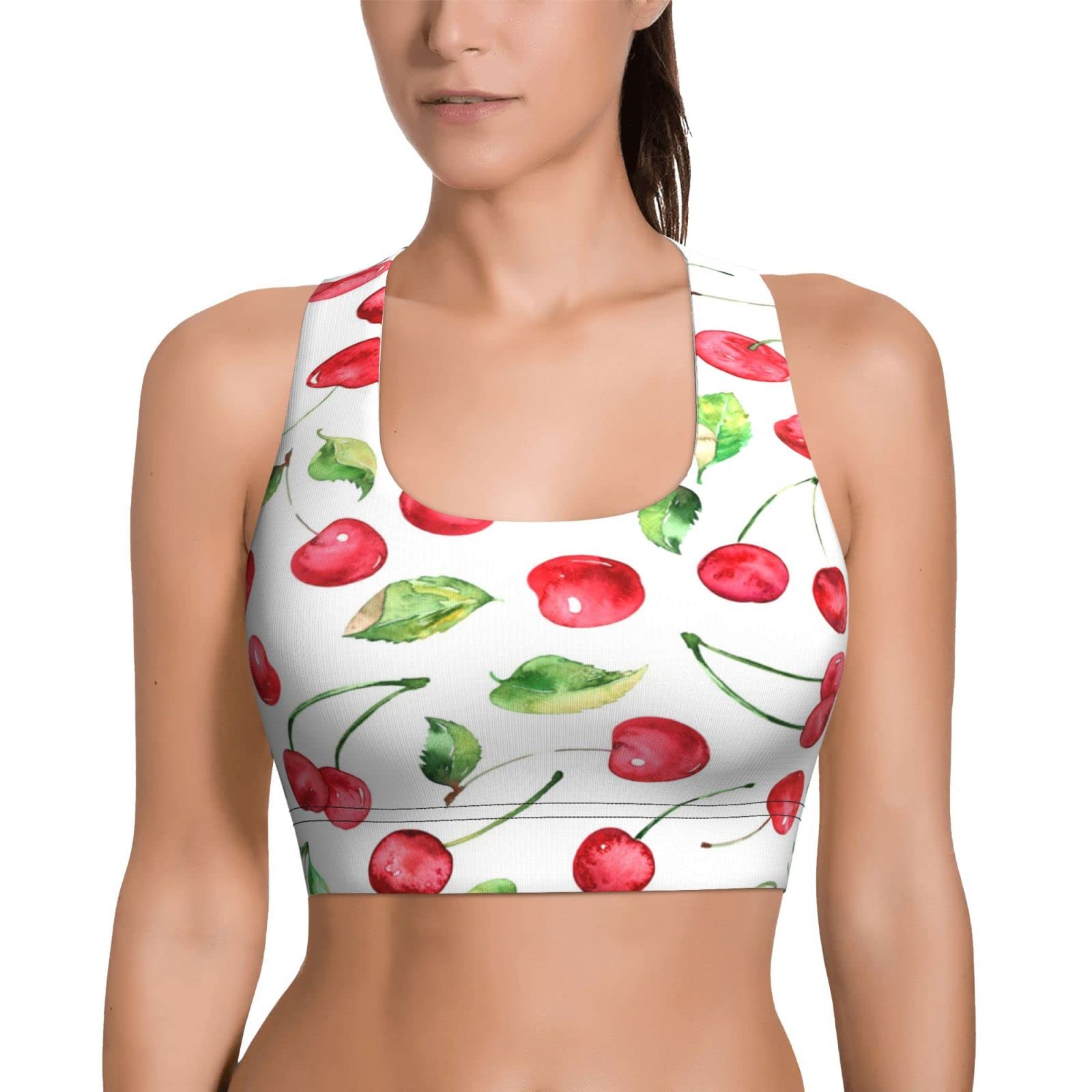 Women's Sports Bra with Removable Pads - Red Cherries Print Yoga Workout Tank Top for Running, Gym & Fitness Activities