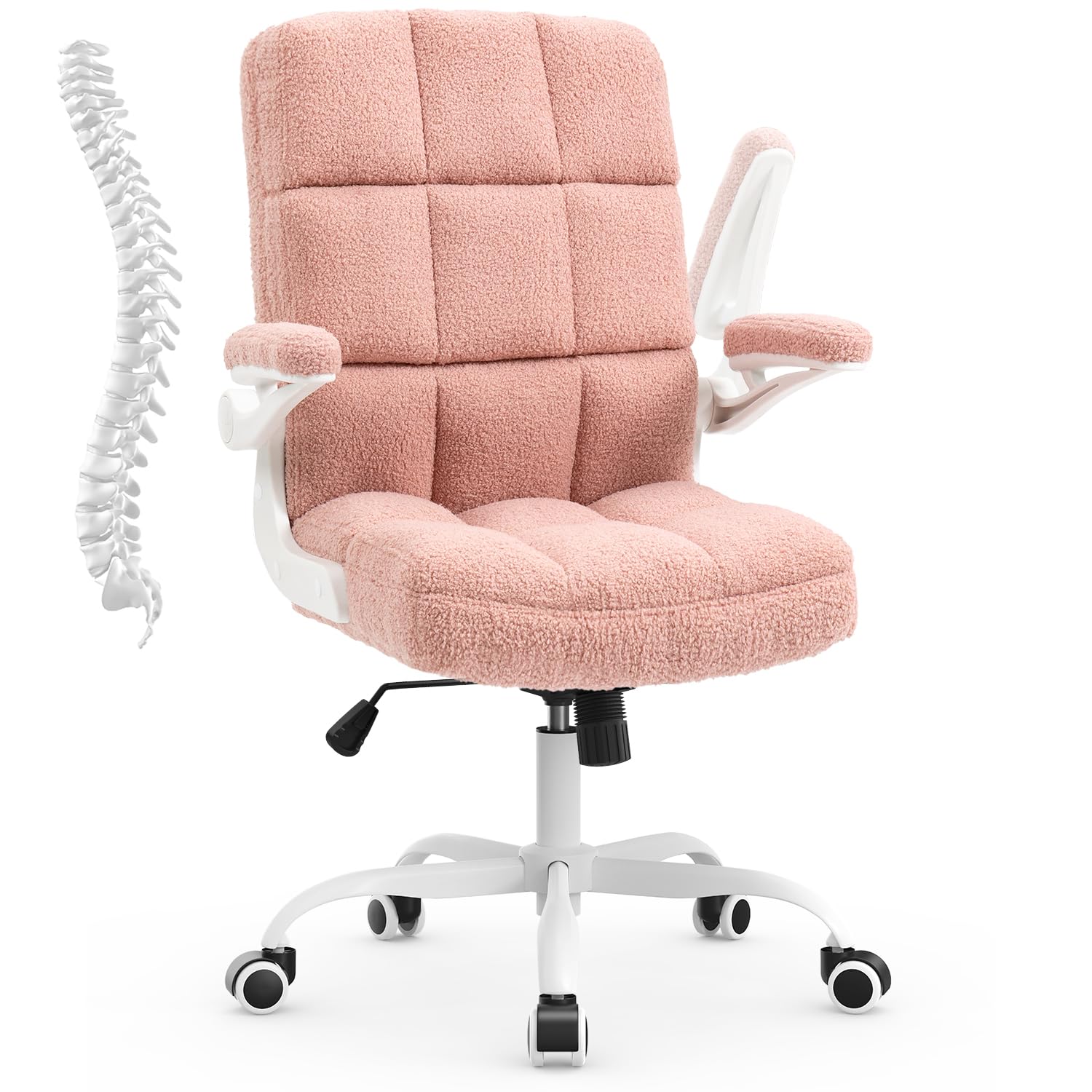 Ergonomic Home Office Chair with Flip-Up Arms & Lumbar Support - Pink Faux Fur Executive Desk Chair for Comfortable Computer Work | Perfect for Remote Work, Gaming & Study Sessions
