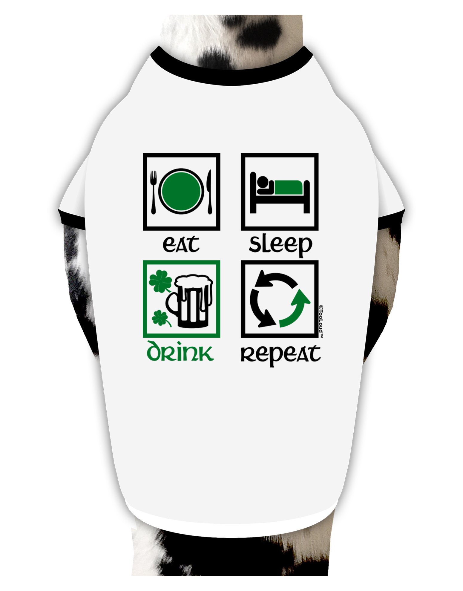 TOOLOUD Eat Sleep Drink Green Beer Repeat Dog T-Shirt - Funny St. Patrick's Day Pet Apparel for Small Dogs (White with Black Print) - Perfect for Irish Themed Parties & Festivals