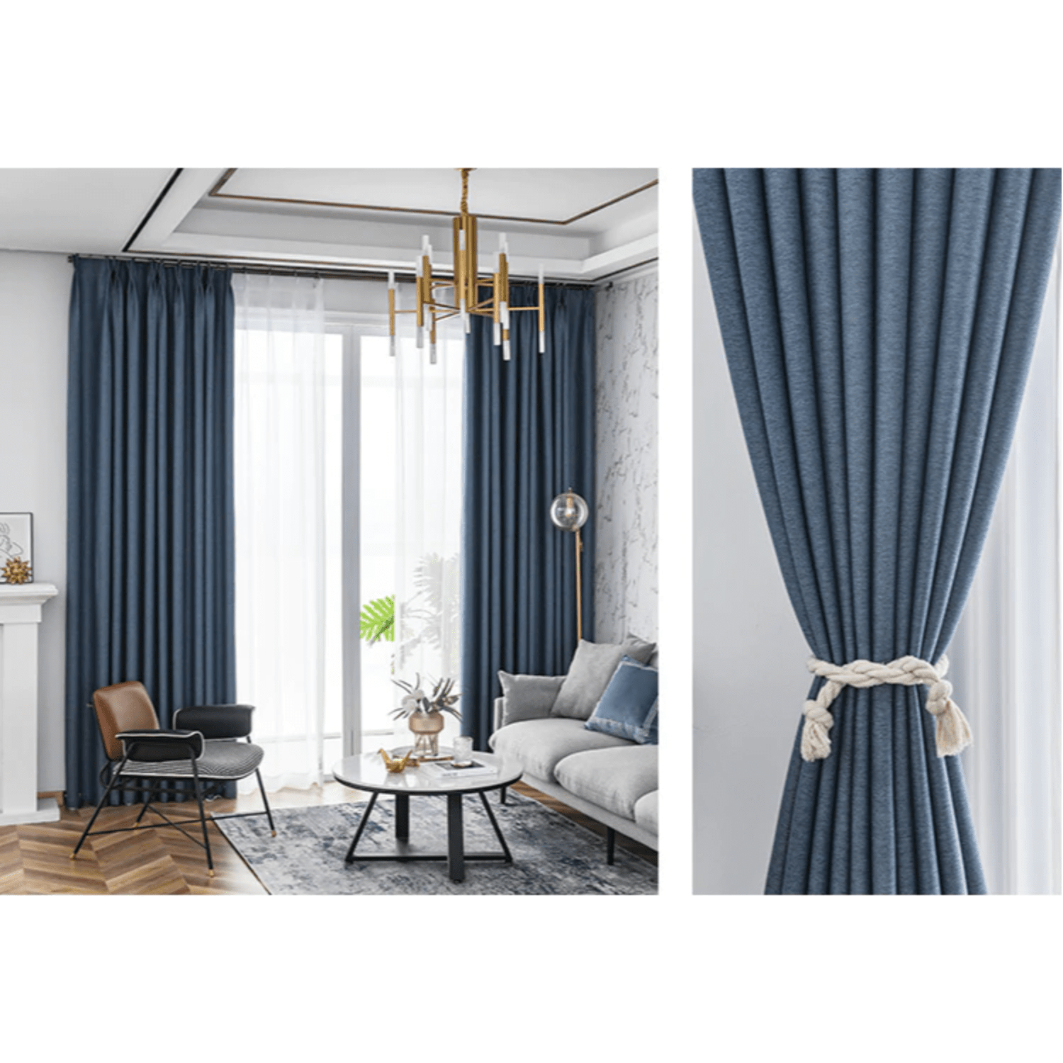 Rémy Blackout Double-Sided Plain Linen Thermal Insulated Curtains - Denim Blue | Energy Efficient Window Treatment for Bedroom & Living Room