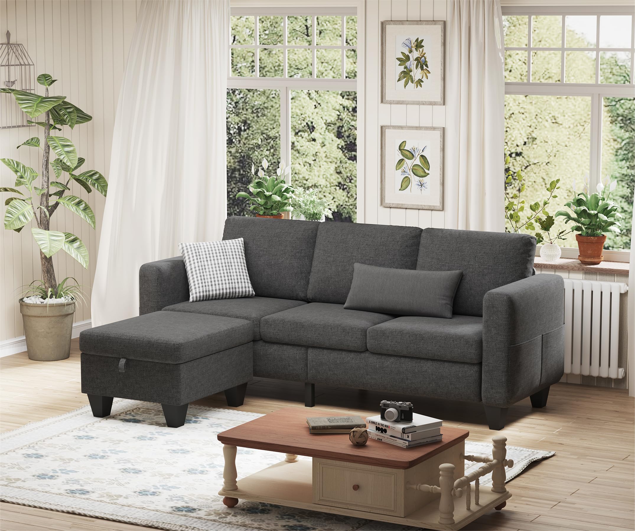 Youmumeub Modern L-Shaped Sectional Sofa with Ottoman - Dark Grey Convertible Modular Couch for Small Spaces, Living Room & Apartment | Perfect for Lounging, Entertaining & Space-Saving Furniture