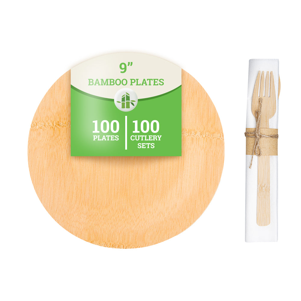100-Pack Eco-Friendly Bamboo Veneer Plates & Disposable Flatware Set - Biodegradable 9
