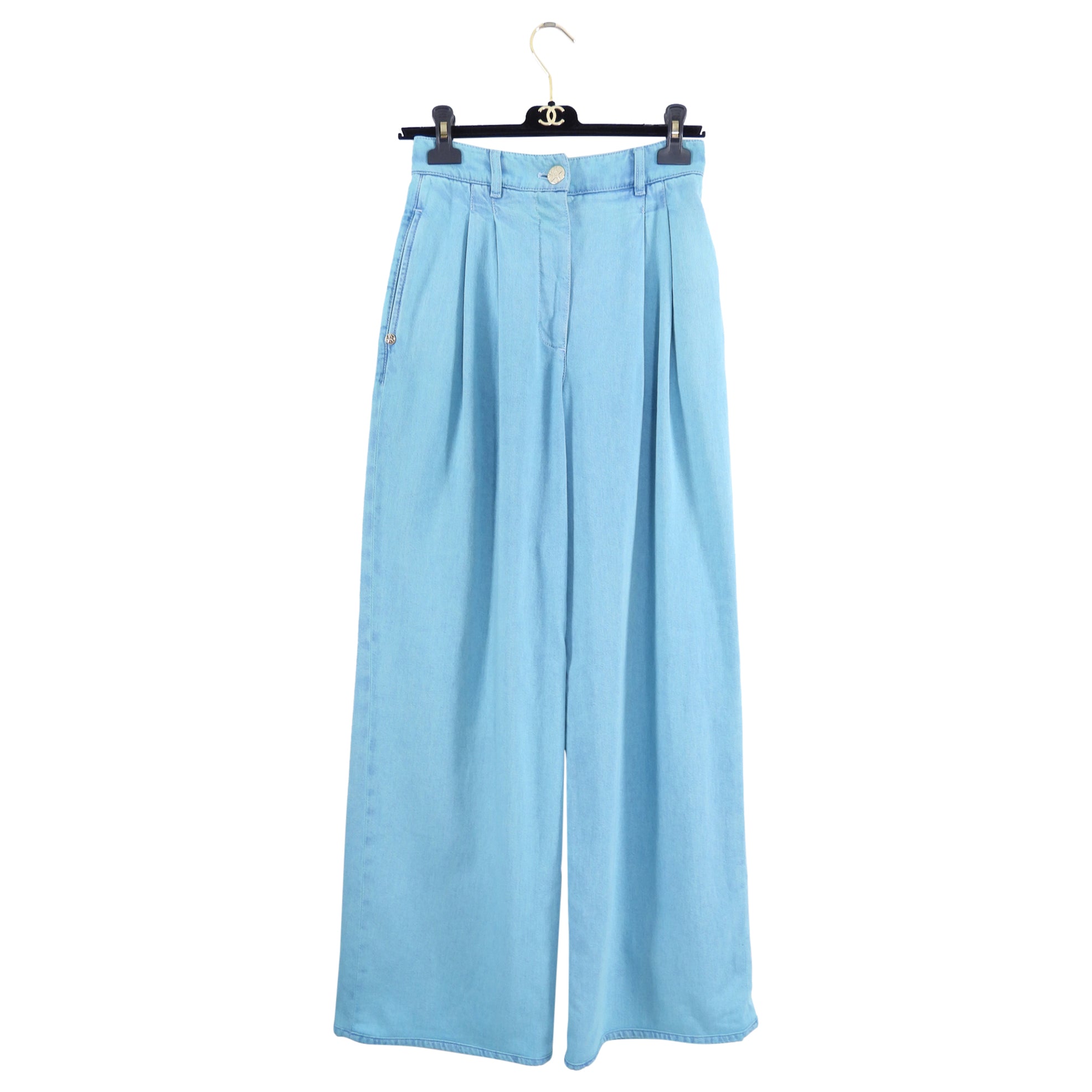 Chanel 21S Turquoise Blue Denim Wide Leg Jeans Size 36 | High Waist Distressed Denim Pants | Casual Chic Outfit for Women | Perfect for Streetwear, Date Night & Fashion Events