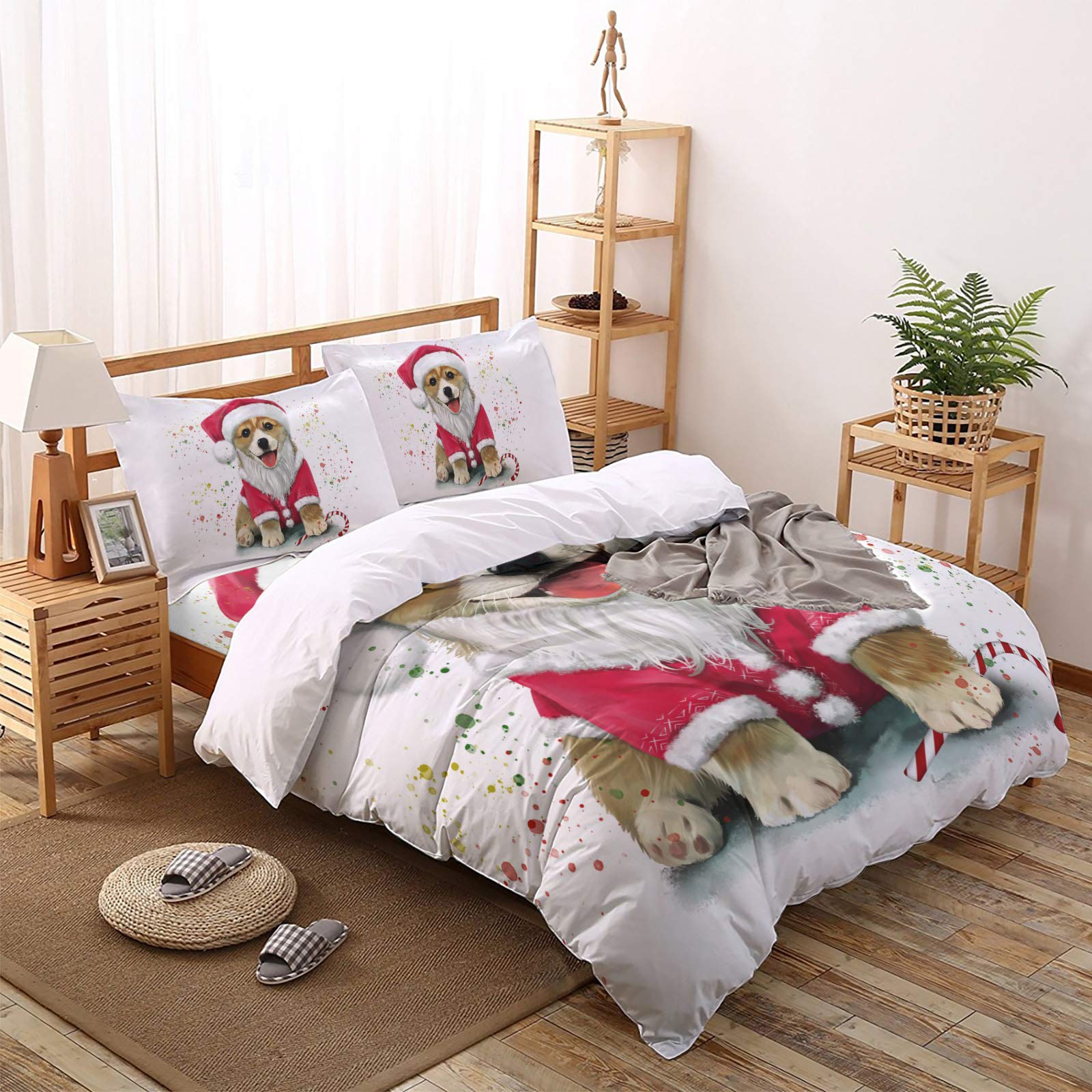 Ultra Soft 4-Piece Christmas Corgi Duvet Cover Set with Zipper Closure & Pillowcases - Full Size Bedding for Cozy Holiday Nights - Perfect for Winter Bedrooms, Guest Rooms & Christmas Decor