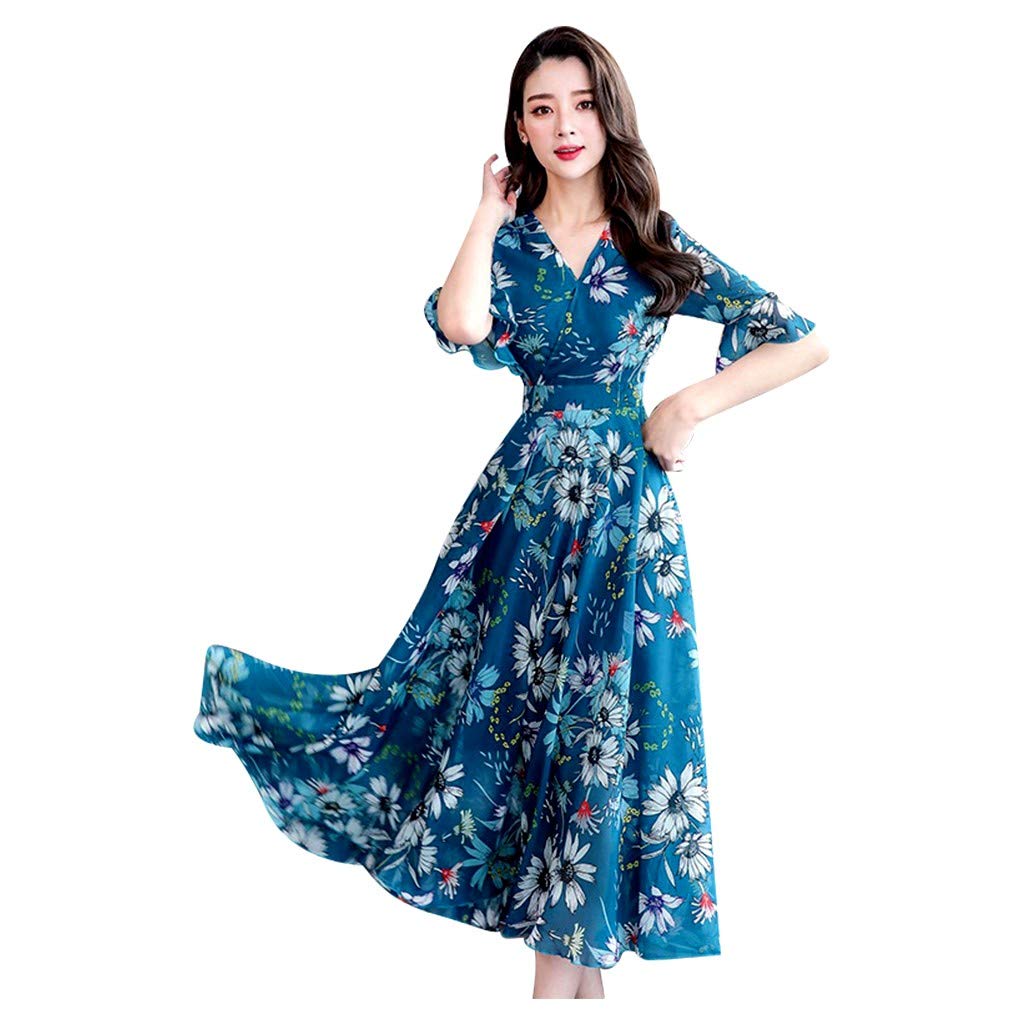 WOCACHI Women's Striped Floral Summer Dress - Short Sleeve Mid-Calf Business Casual & Beach Dress for Outdoor Parties, Vacations & Office Wear