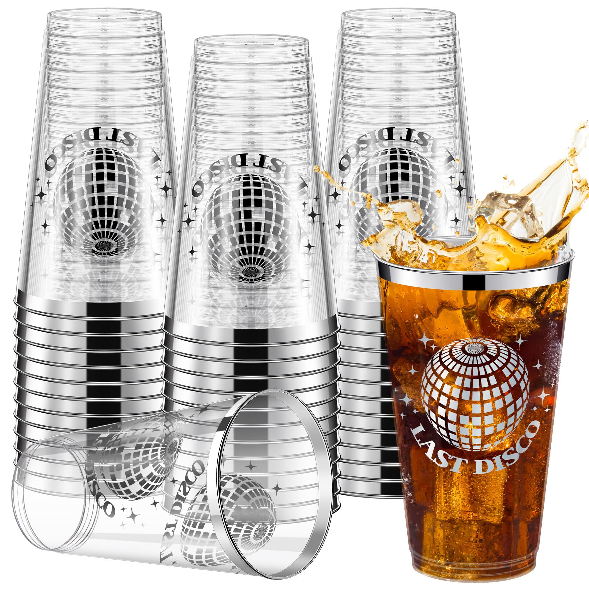 36-Piece Disco Ball Plastic Cups 16oz - Crystal Clear Disposable Party Cups for Hot & Cold Drinks - Bulk 70s 80s 90s Theme Party Supplies - Perfect for Bachelorette, Wedding, Disco & Retro Dance Parties