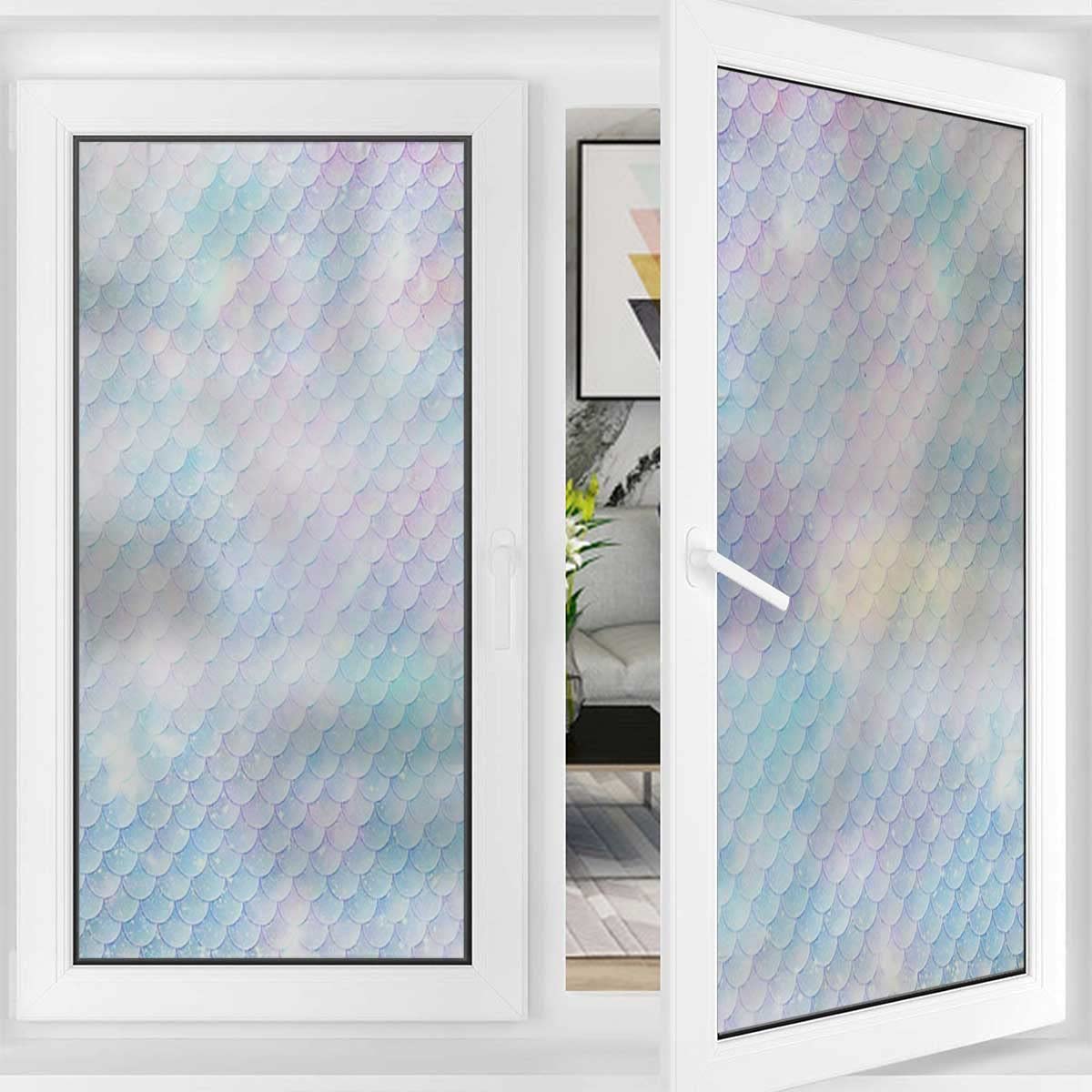 3D Mermaid Scales Privacy Window Film - Static Cling Self-Adhesive Glass Sticker for Bathroom, Bedroom & Office Decoration