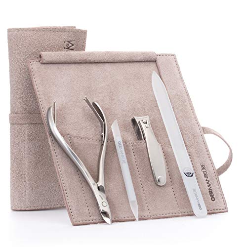 Premium GERMANIKURE 4-Piece Professional Manicure Set in Beige Suede Case - German Stainless Steel Tools & Czech Glass Nail Care Kit for Cuticle Trimming, Nail Shaping & Grooming - Perfect for Home, Salon & Travel Use