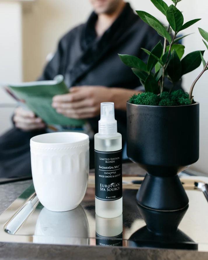 Eucalyptus Wood Smoke & Leather Scented Shower Spa Mist - 4 oz Aromatherapy Essential Oil Diffuser for Relaxation & Stress Relief - Perfect for Bathroom, Spa, and Home Use