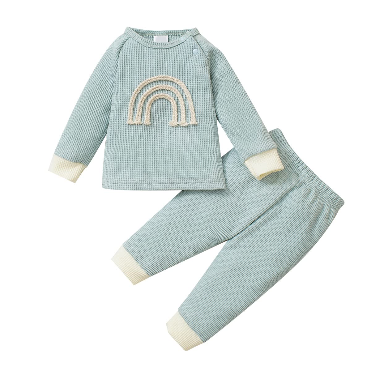 Newborn Baby Boy & Girl Waffle Knit Long Sleeve Button-Up Rainbow Sweatshirt & Pants Outfit Set - Soft Cotton Comfort for Playtime, Photo Shoots & Daily Wear