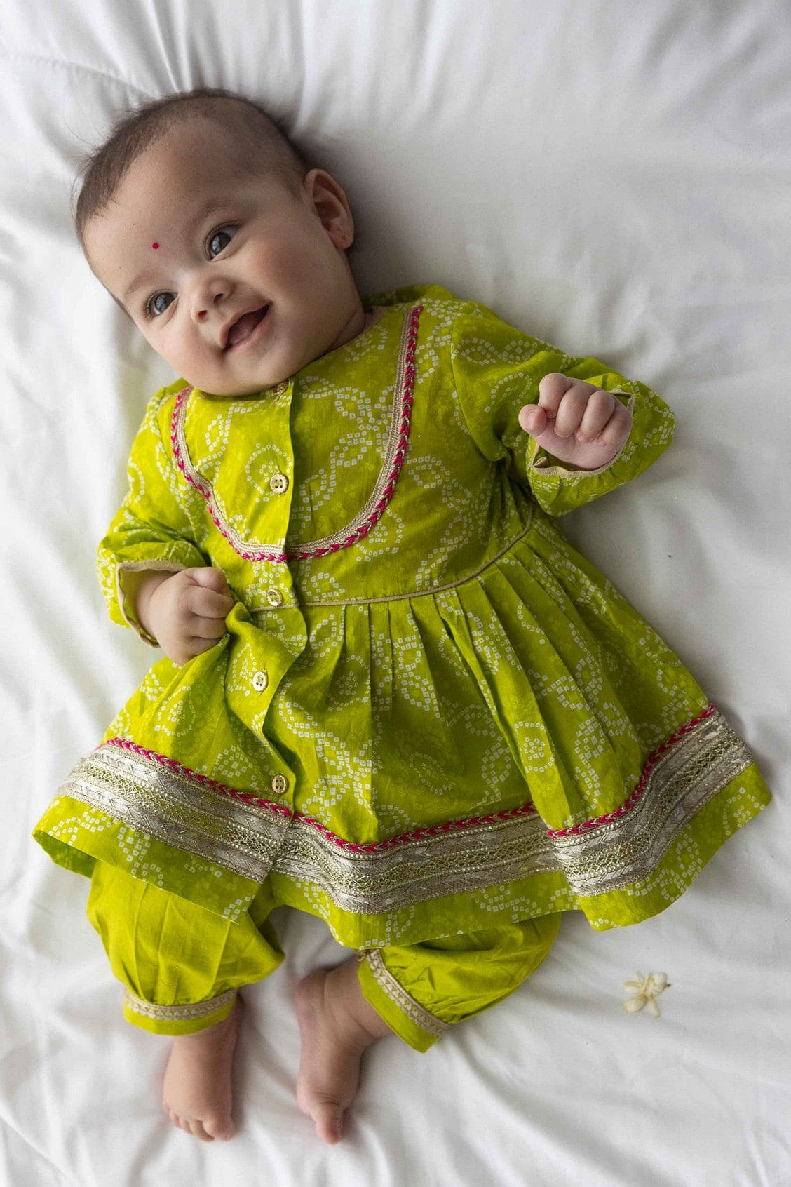 Pre Order: Baby Girl Bandhani Cotton Angrakha Suit Set - Green | Traditional Indian Ethnic Outfit for Festivals & Special Occasions