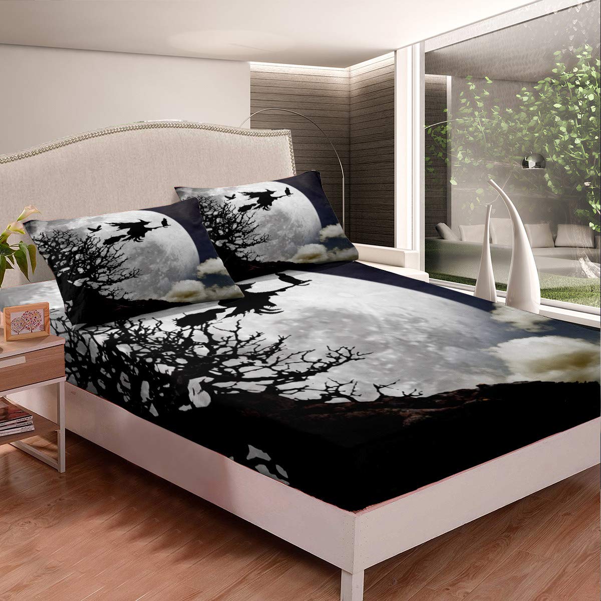 3D Halloween Printed Bed Sheet Set Queen Size - Moon, Witch, Black Birds & Cat Design - 3 Pieces (1 Fitted Sheet + 2 Pillowcases) for Spooky Bedroom Decor - Perfect for Halloween Parties & Themed Rooms