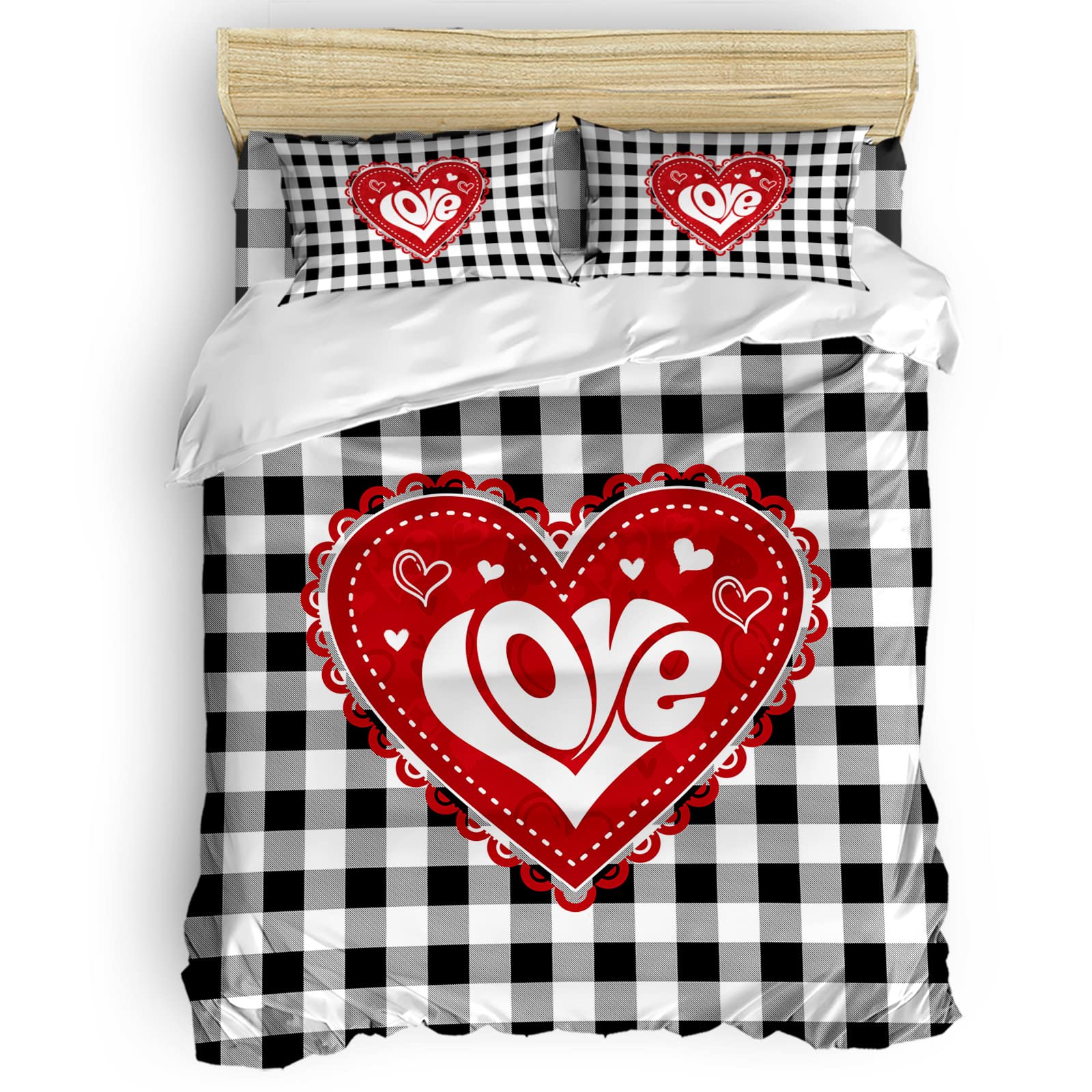 4Pcs King Size Duvet Cover Set - Valentine's Day Love Heart Black White Buffalo Plaid Bedding with Zipper Closure | Soft Comforter Cover for Cozy Bedroom Decor & Romantic Gift