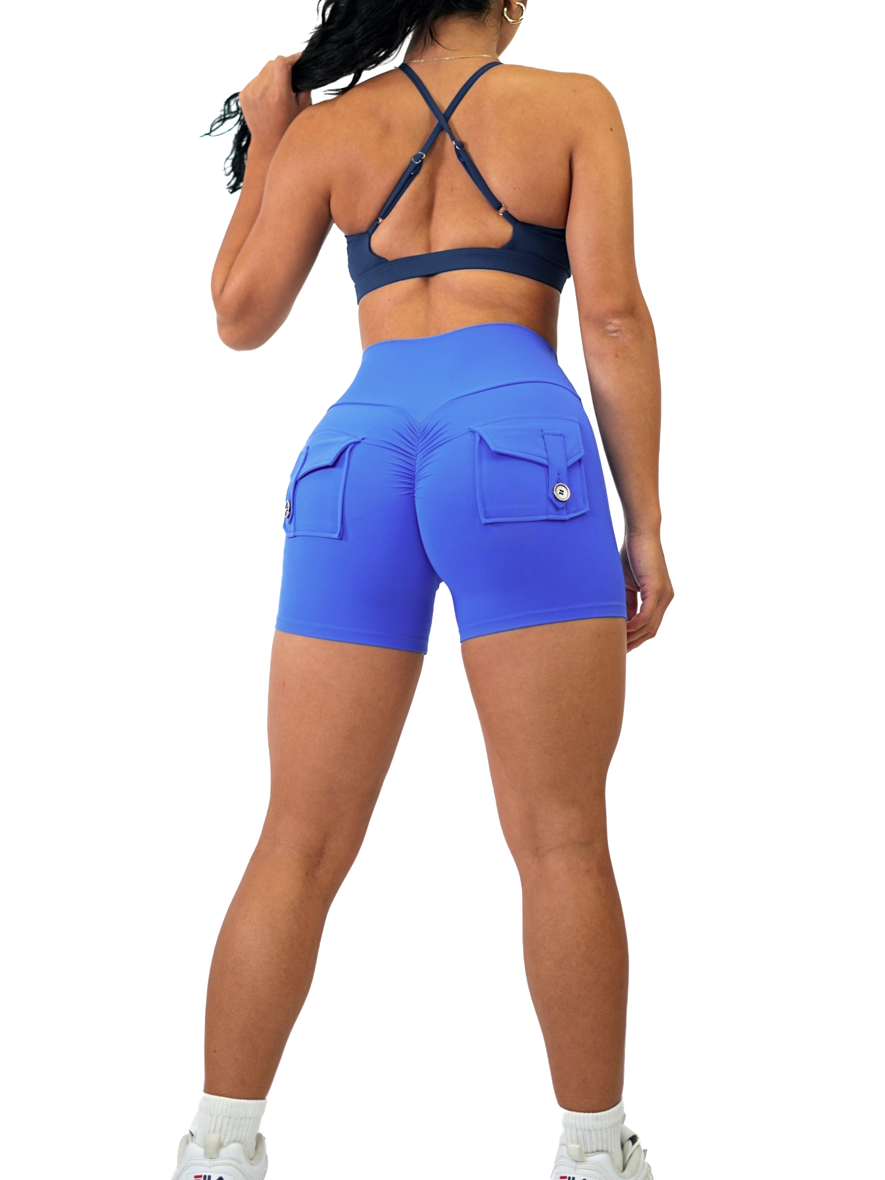 Booty Pocket Scrunch Shorts for Women - Vivid Blue High Waisted Workout Shorts | Perfect for Yoga, Gym, Running & Lounge Wear